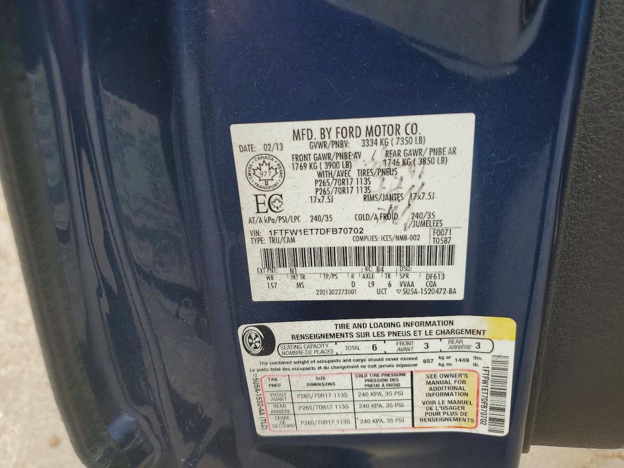 2013 Ford F150 Supercrew Blue vin: 1FTFW1ET7DFB70702