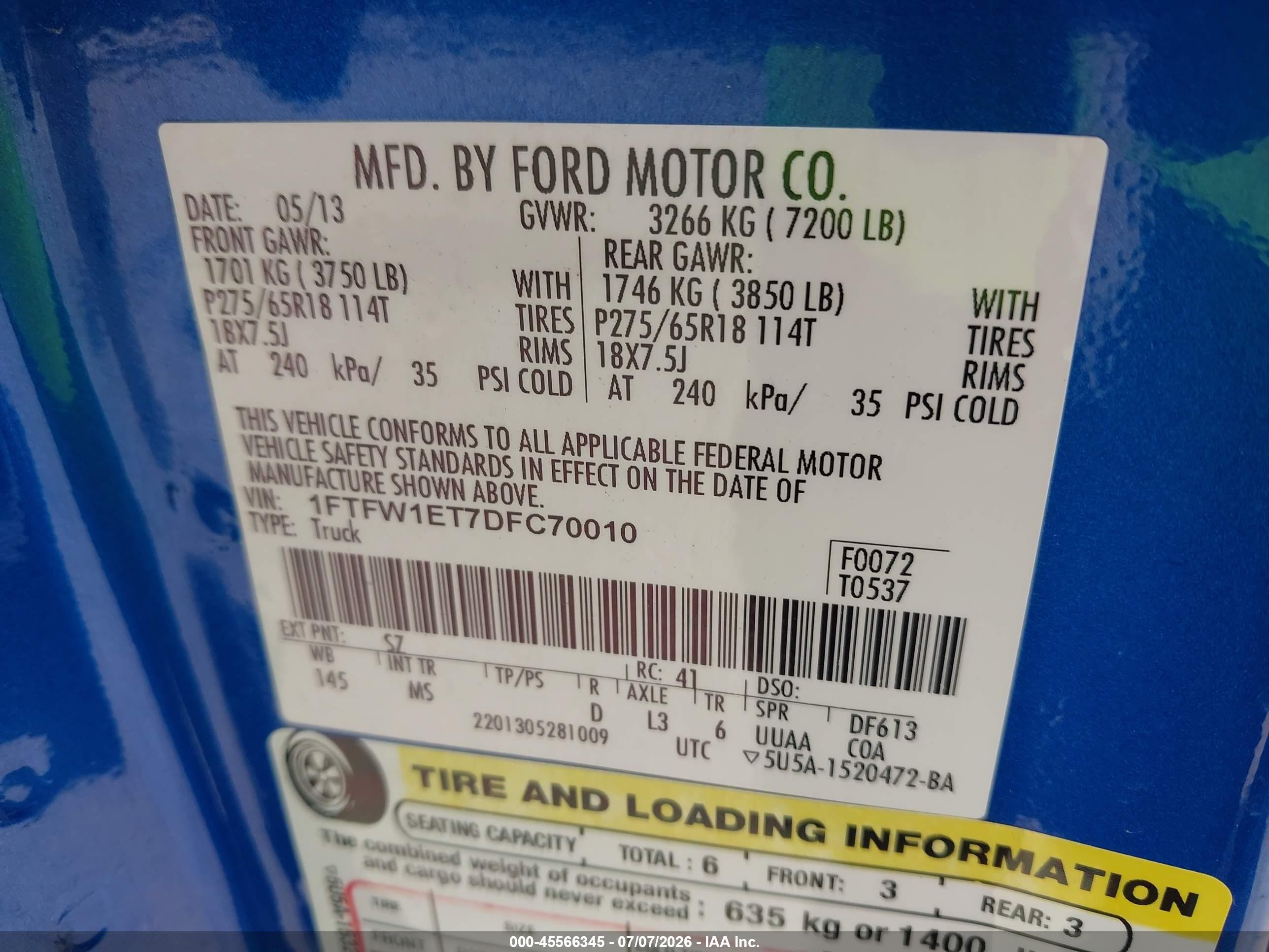 2013 Ford F-150 Fx4/king Ranch/lariat/limited/platinum/xl/xlt Blue vin: 1FTFW1ET7DFC70010