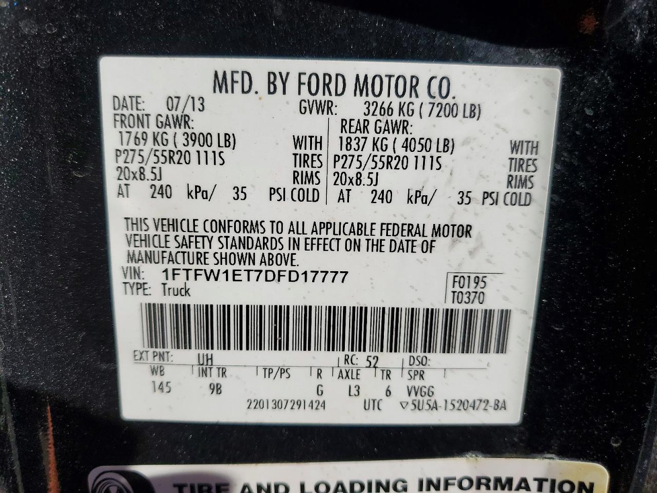 2013 Ford F150 Supercrew Black vin: 1FTFW1ET7DFD17777