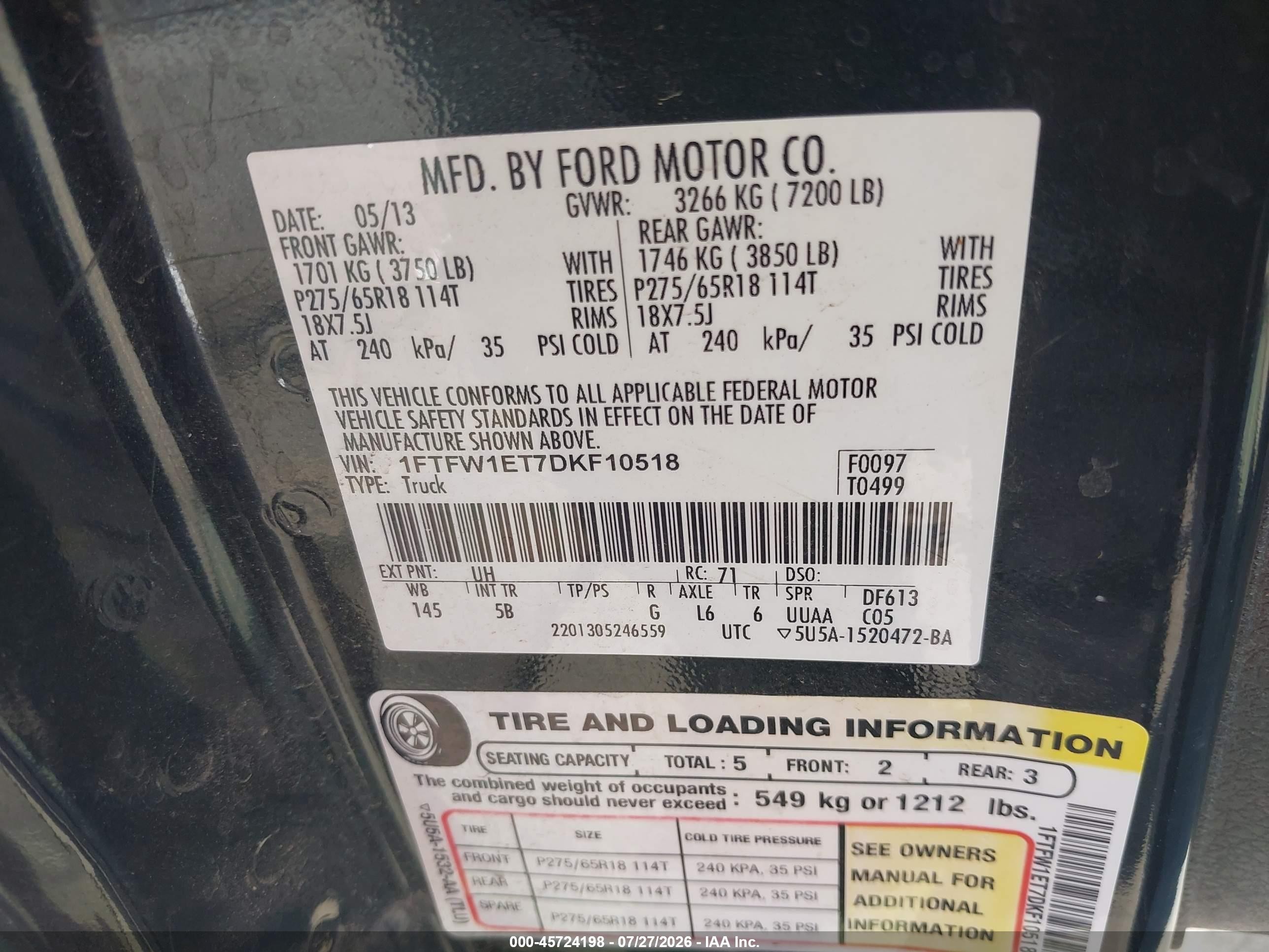 2013 Ford F-150 Fx4 Black vin: 1FTFW1ET7DKF10518