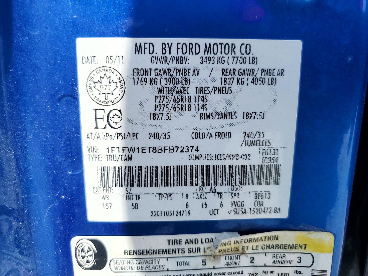 2011 Ford F150 Supercrew Blue vin: 1FTFW1ET8BFB72374