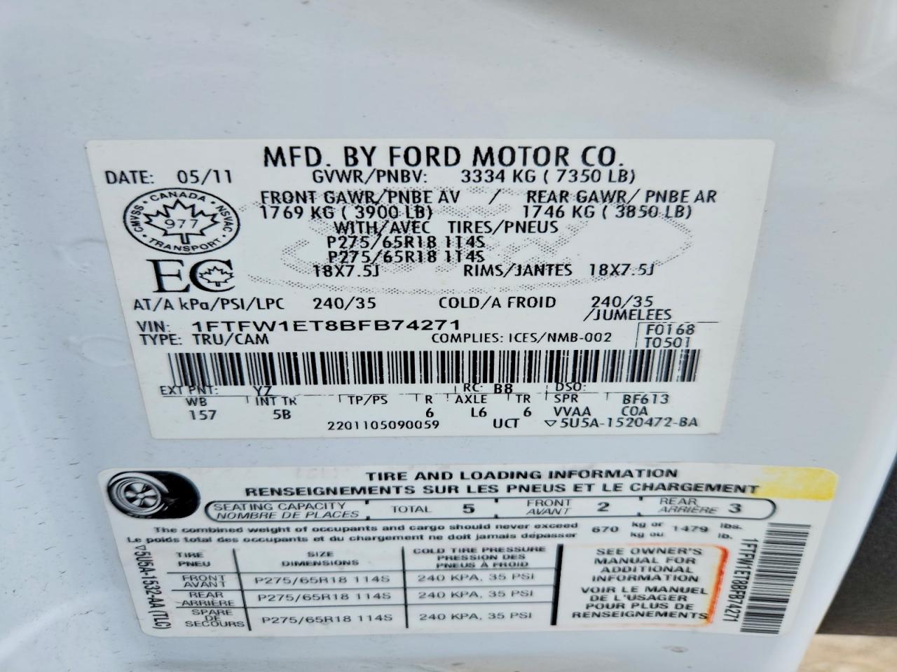 2011 Ford F150 Supercrew Белый vin: 1FTFW1ET8BFB74271