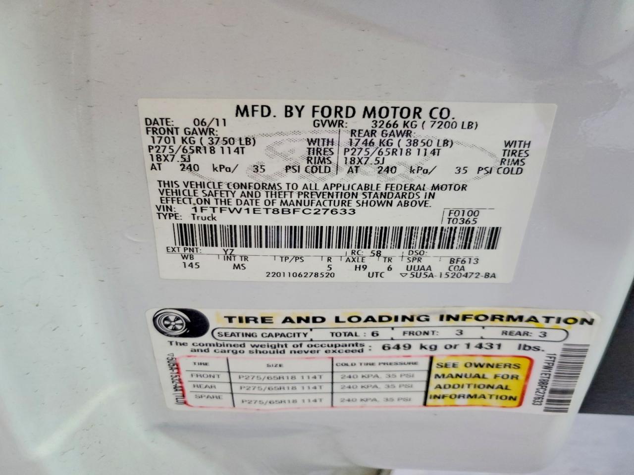 2011 Ford F150 Supercrew White vin: 1FTFW1ET8BFC27633