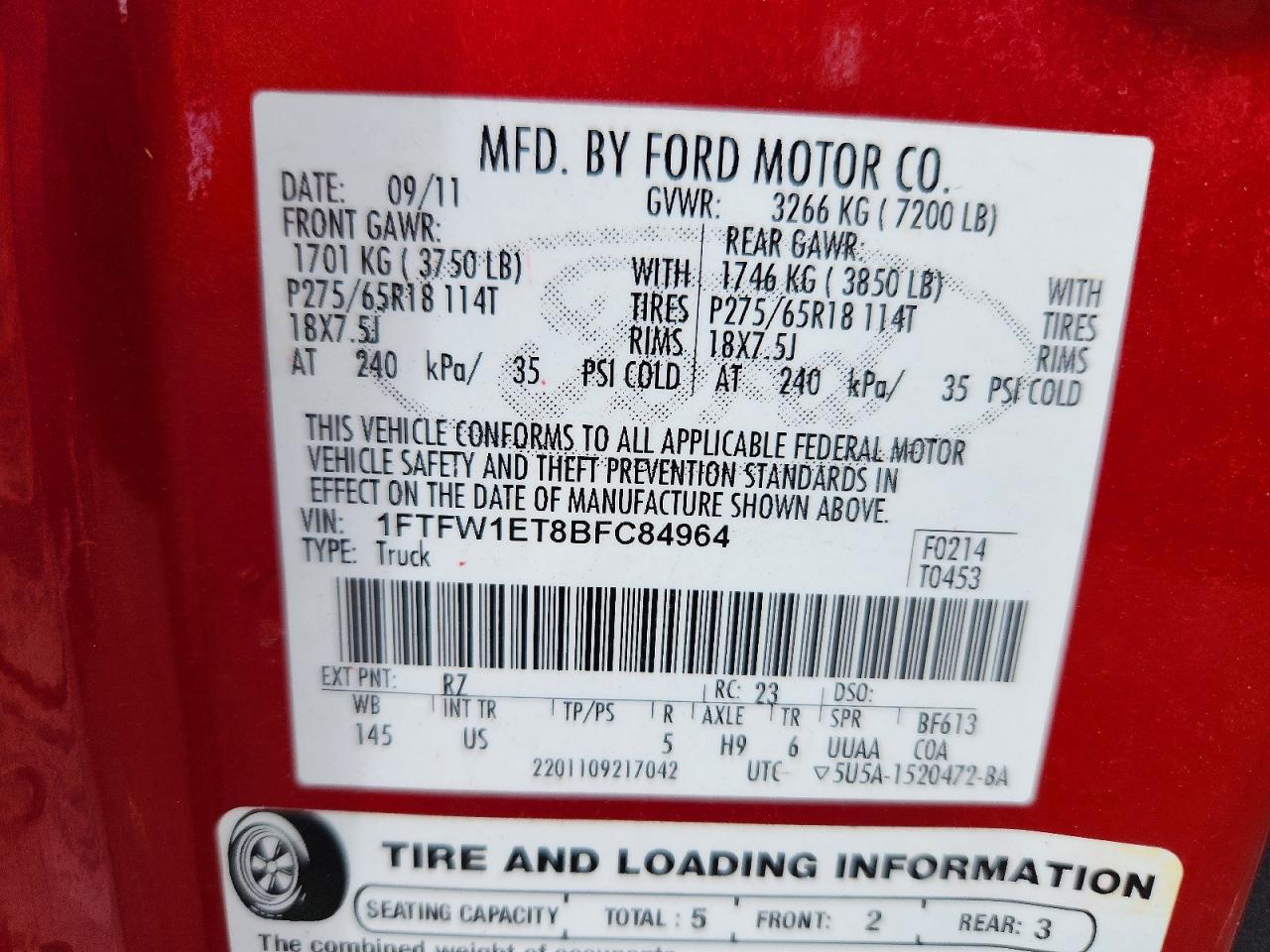 2011 Ford F150 Supercrew Red vin: 1FTFW1ET8BFC84964