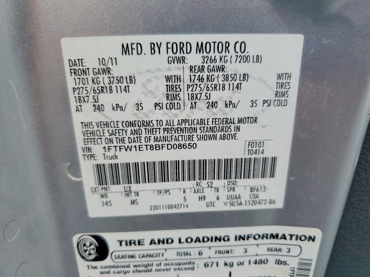 2011 Ford F150 Supercrew Silver vin: 1FTFW1ET8BFD08650