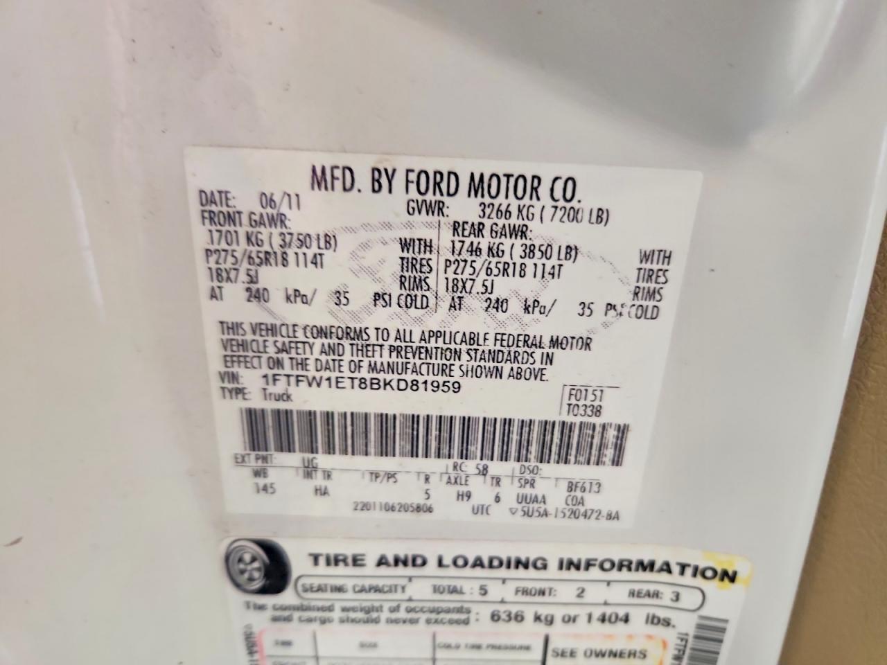 2011 Ford F150 Supercrew Белый vin: 1FTFW1ET8BKD81959