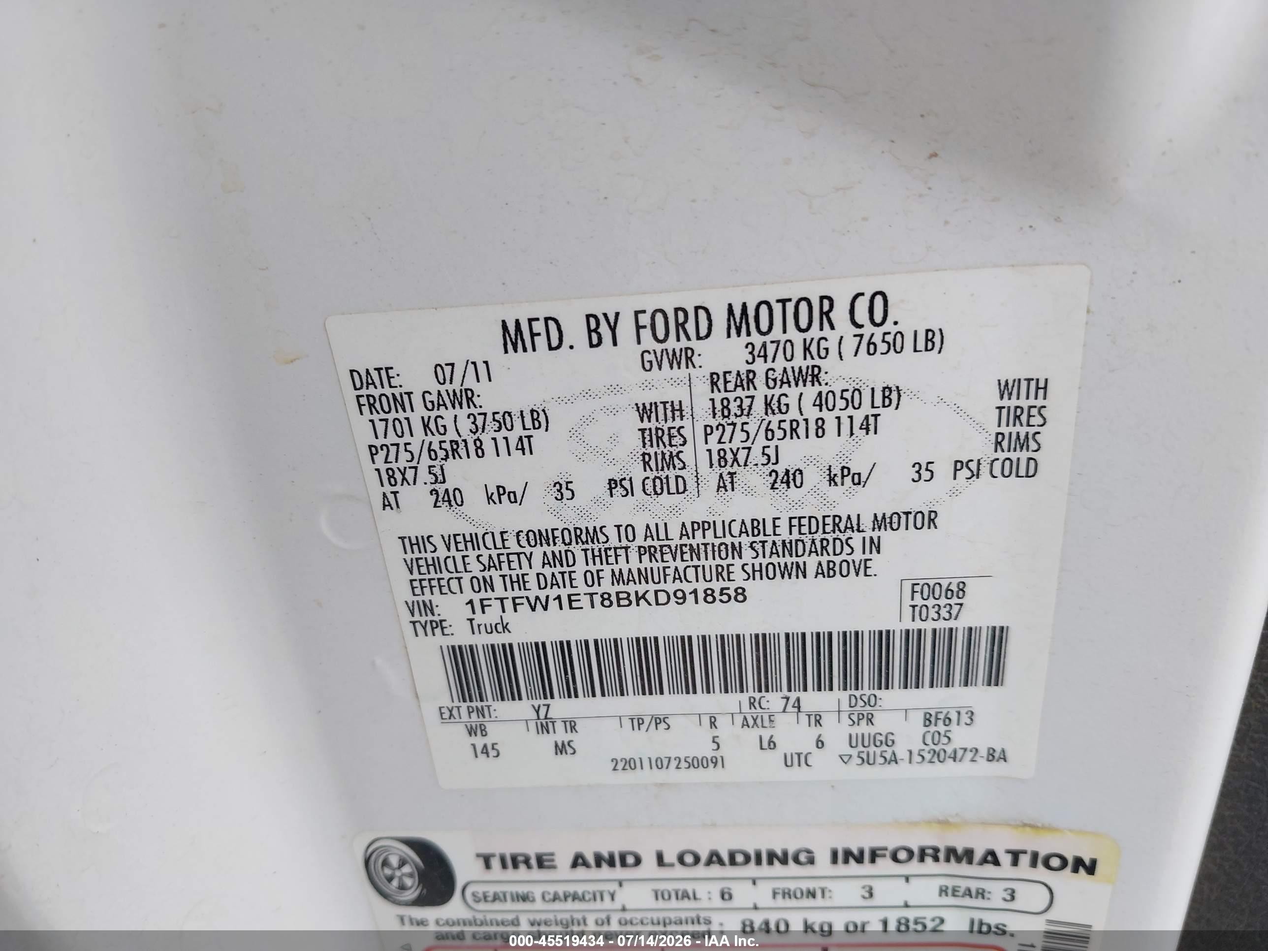 2011 Ford F-150 Fx4/king Ranch/lariat/platinum/xlt White vin: 1FTFW1ET8BKD91858