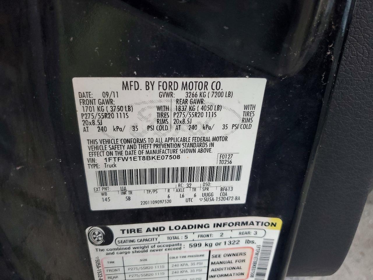 2011 Ford F150 Supercrew Black vin: 1FTFW1ET8BKE07508