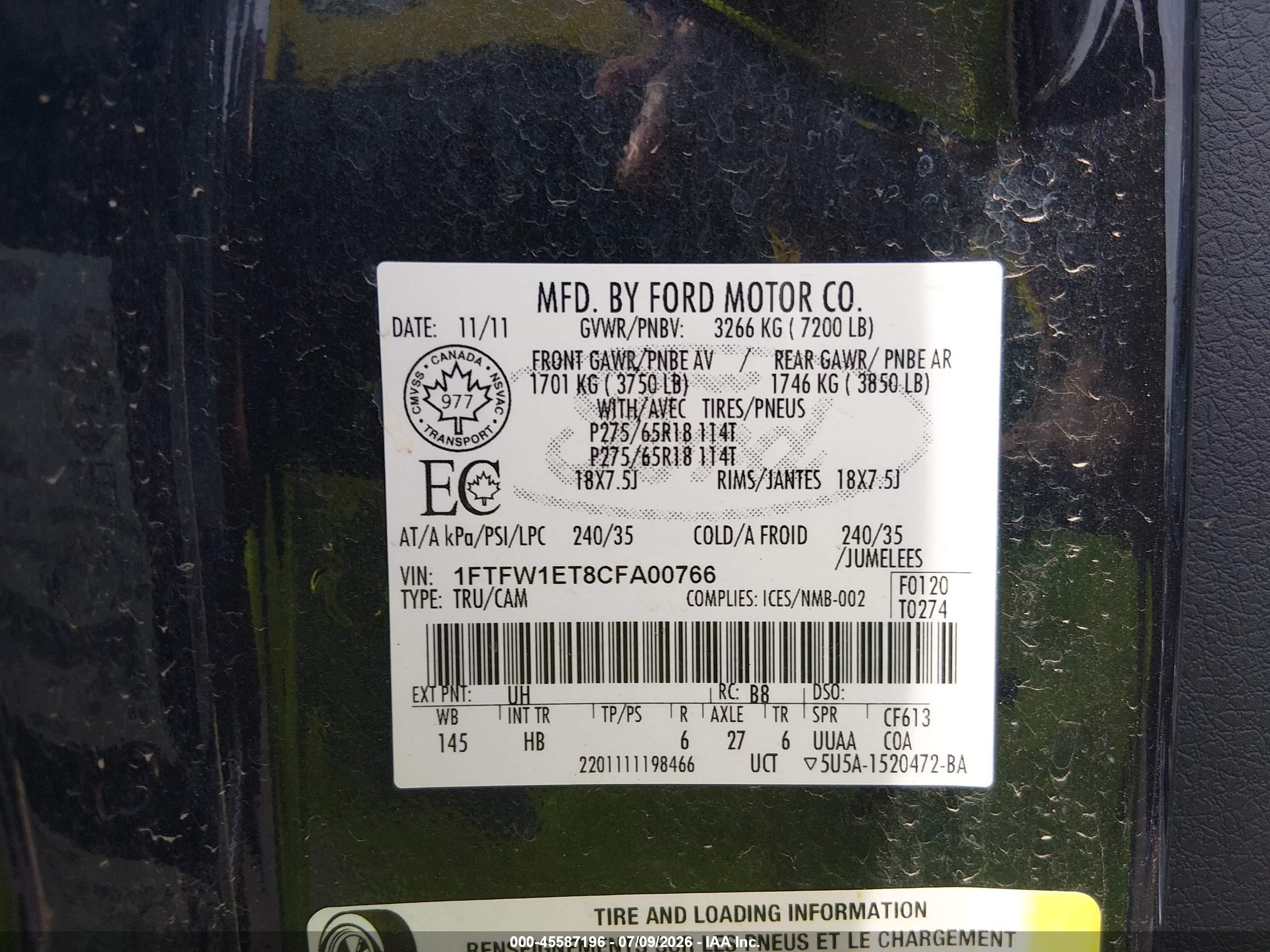 2012 Ford F-150 Lariat Черный vin: 1FTFW1ET8CFA00766