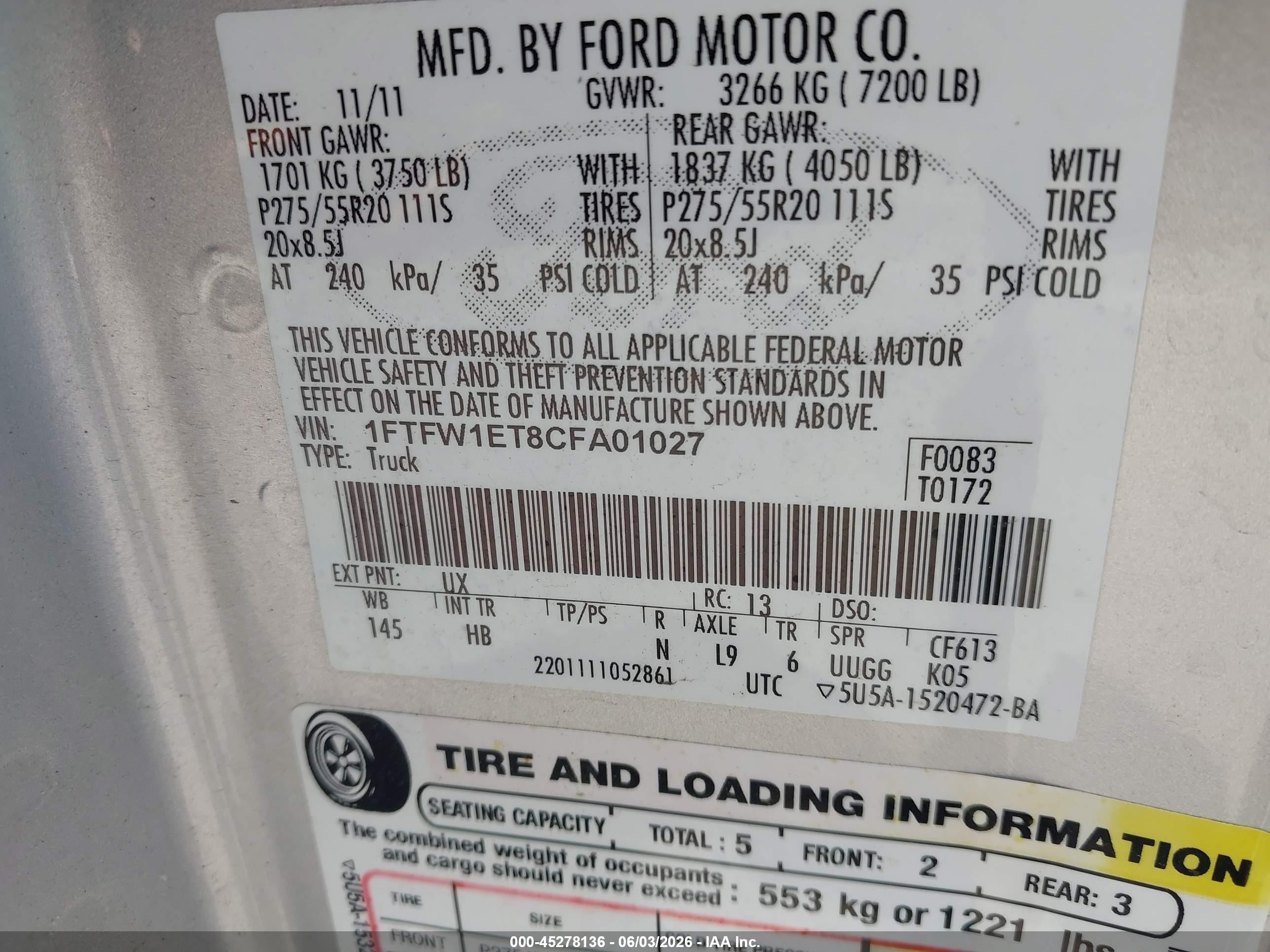 2012 Ford F-150 Lariat Белый vin: 1FTFW1ET8CFA01027