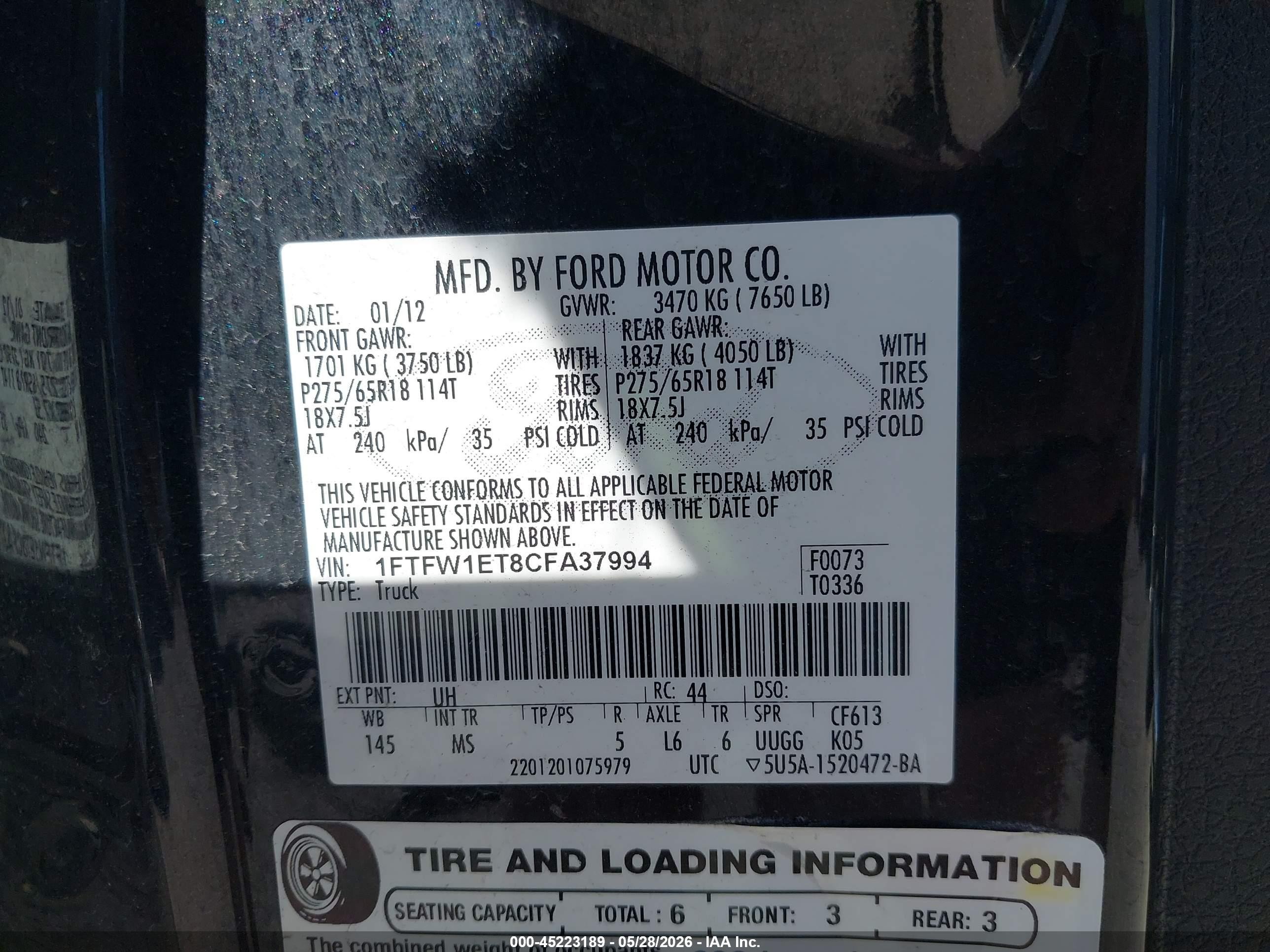 2012 Ford F-150 Xlt Черный vin: 1FTFW1ET8CFA37994