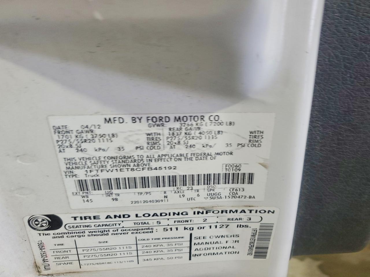 2012 Ford F150 Supercrew White vin: 1FTFW1ET8CFB45192