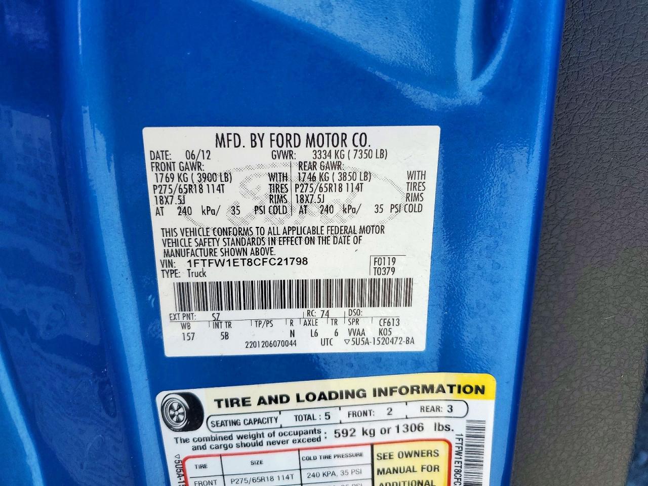 2012 Ford F150 Supercrew Blue vin: 1FTFW1ET8CFC21798