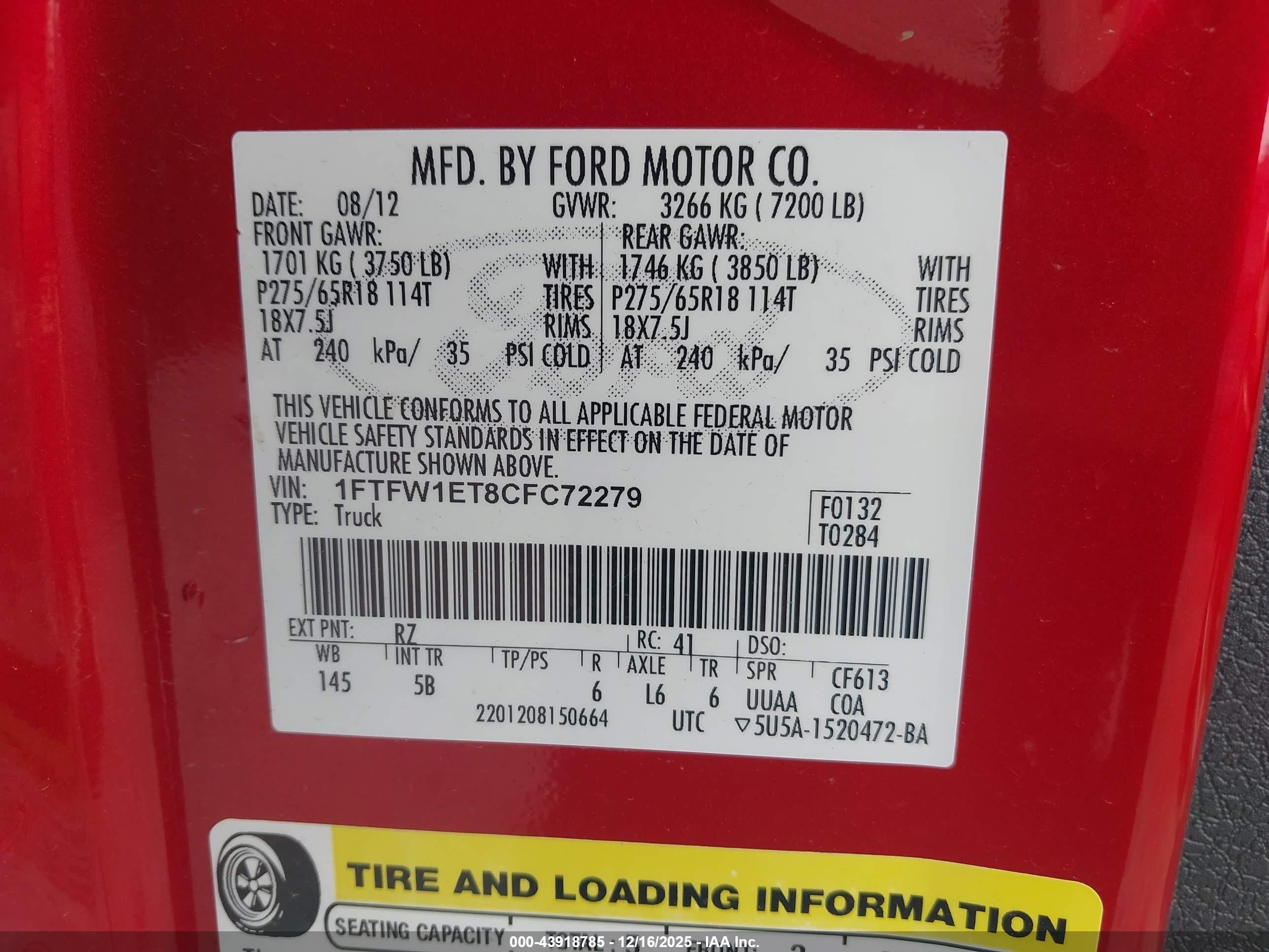 2012 Ford F-150 Fx4 Red vin: 1FTFW1ET8CFC72279