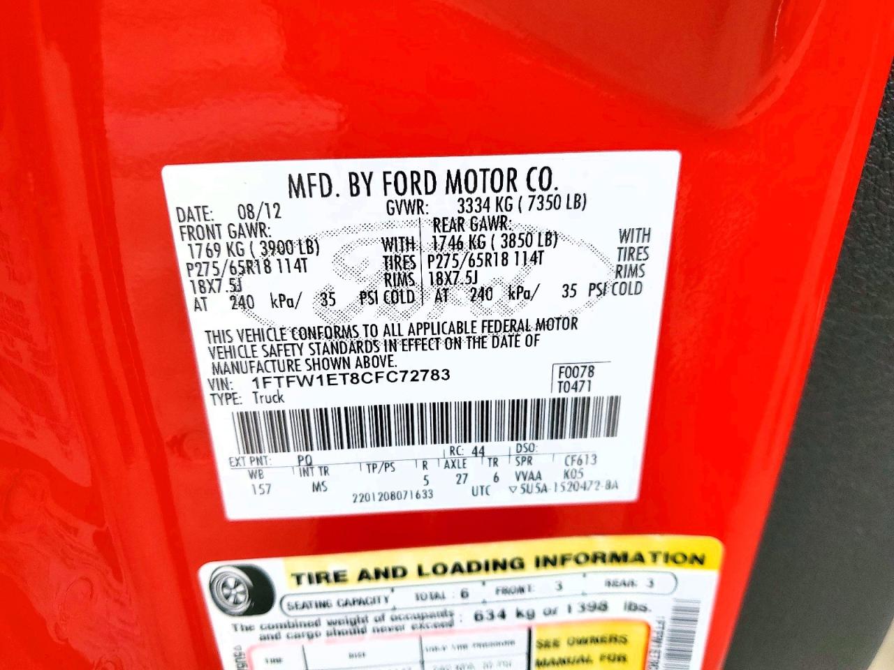 2012 Ford F150 Supercrew Red vin: 1FTFW1ET8CFC72783