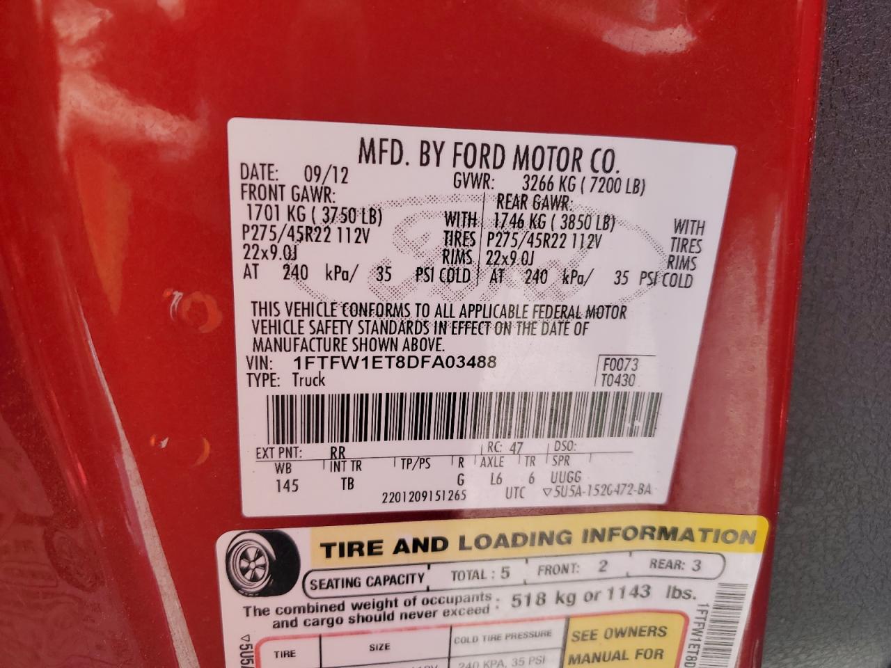 2013 Ford F150 Supercrew Red vin: 1FTFW1ET8DFA03488