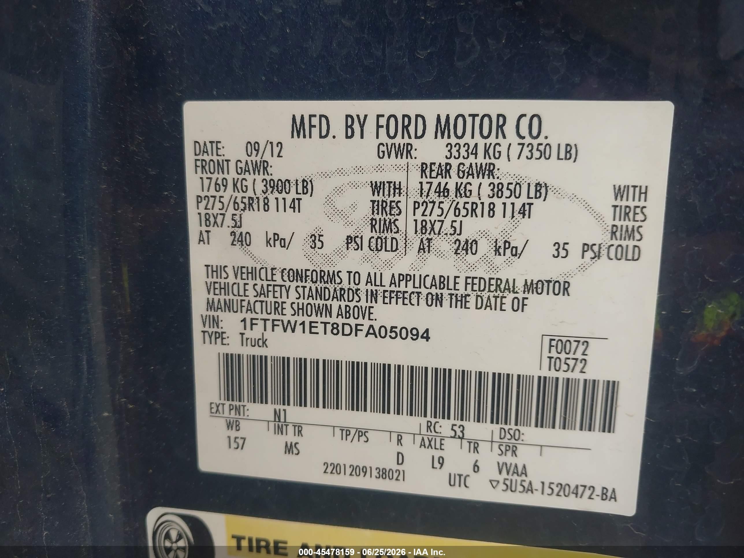 2013 Ford F-150 Fx4/king Ranch/lariat/limited/platinum/xl/xlt Navy vin: 1FTFW1ET8DFA05094