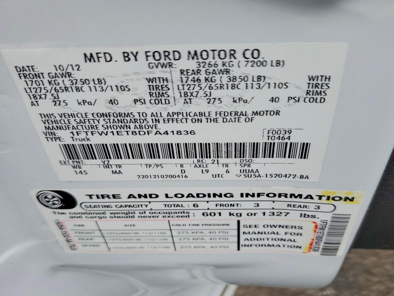 2013 Ford F150 White vin: 1FTFW1ET8DFA41836