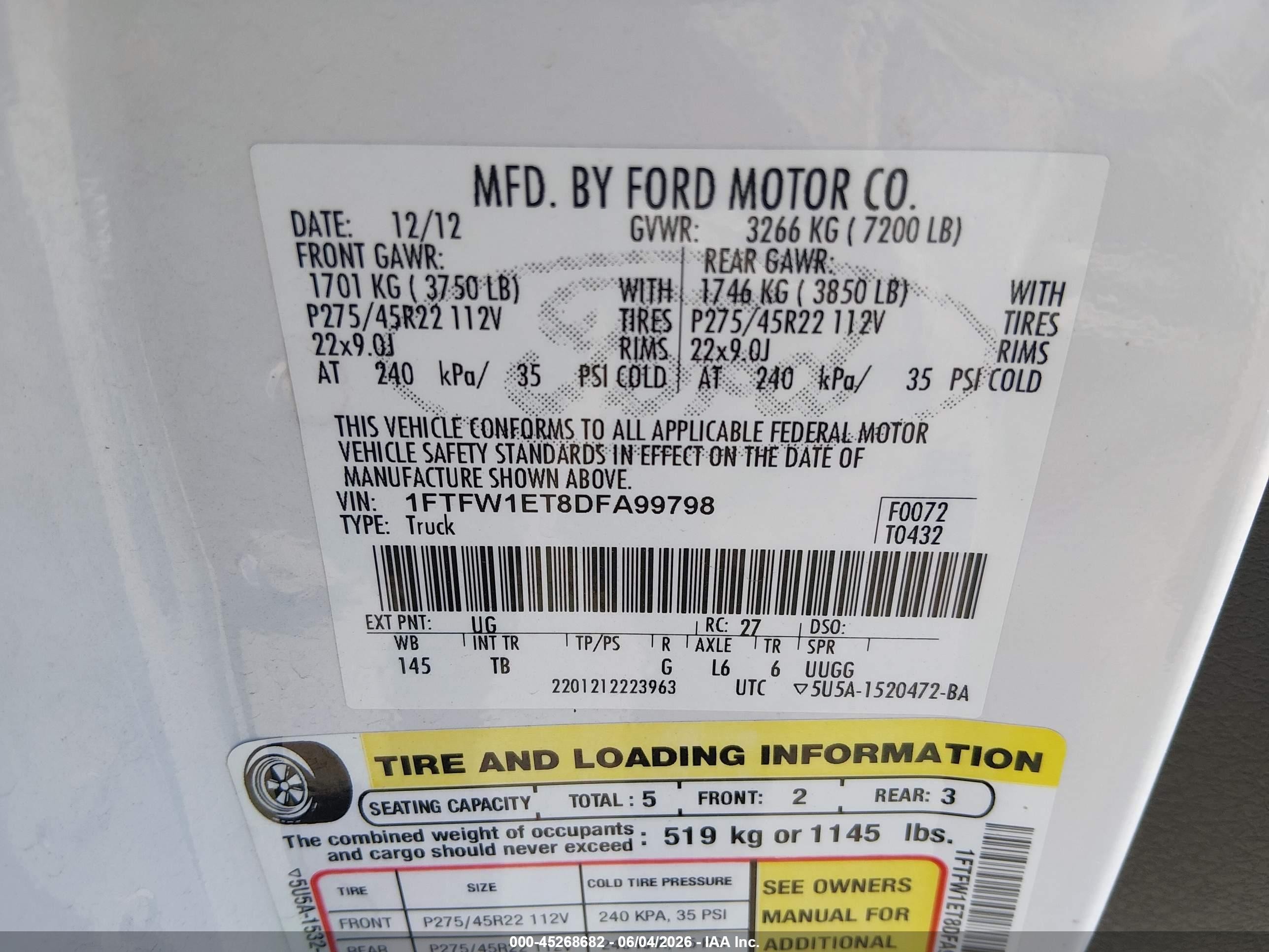 2013 Ford F-150 Limited White vin: 1FTFW1ET8DFA99798