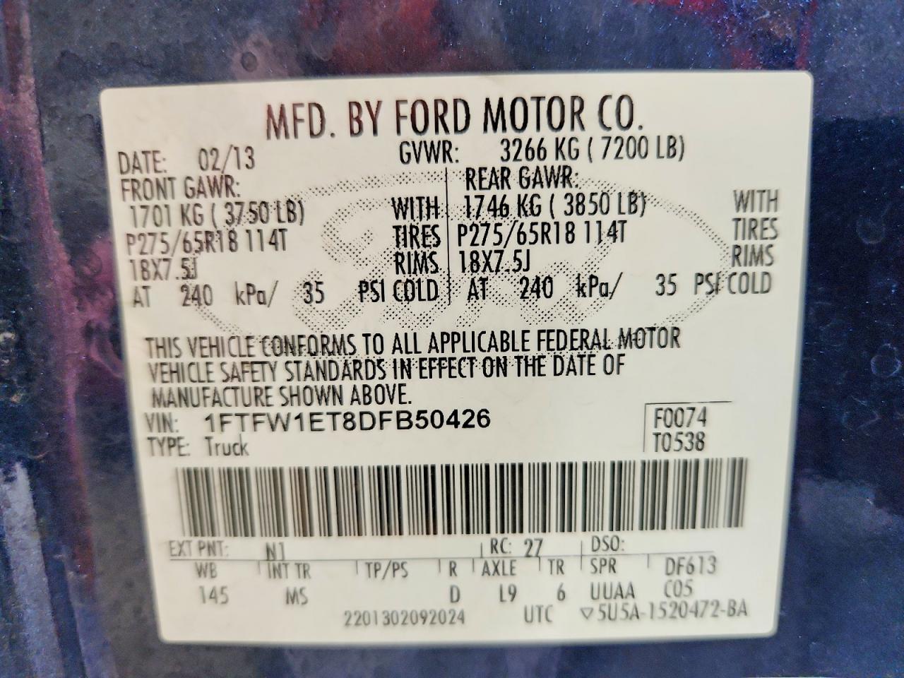 2013 Ford F150 Supercrew Blue vin: 1FTFW1ET8DFB50426