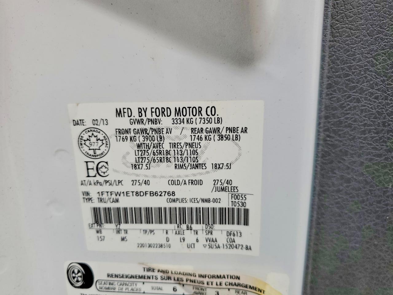 2013 Ford F150 Supercrew White vin: 1FTFW1ET8DFB62768