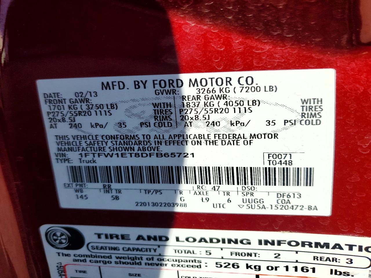 2013 Ford F150 Supercrew Red vin: 1FTFW1ET8DFB65721