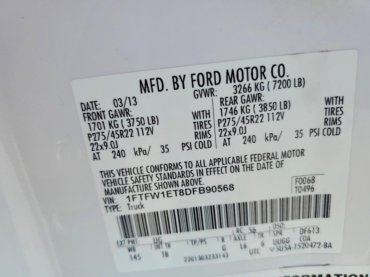 2013 Ford F150 Supercrew White vin: 1FTFW1ET8DFB90568