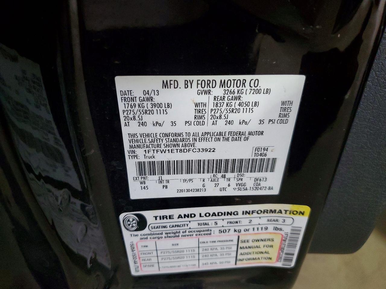 2013 Ford F150 Black vin: 1FTFW1ET8DFC33922