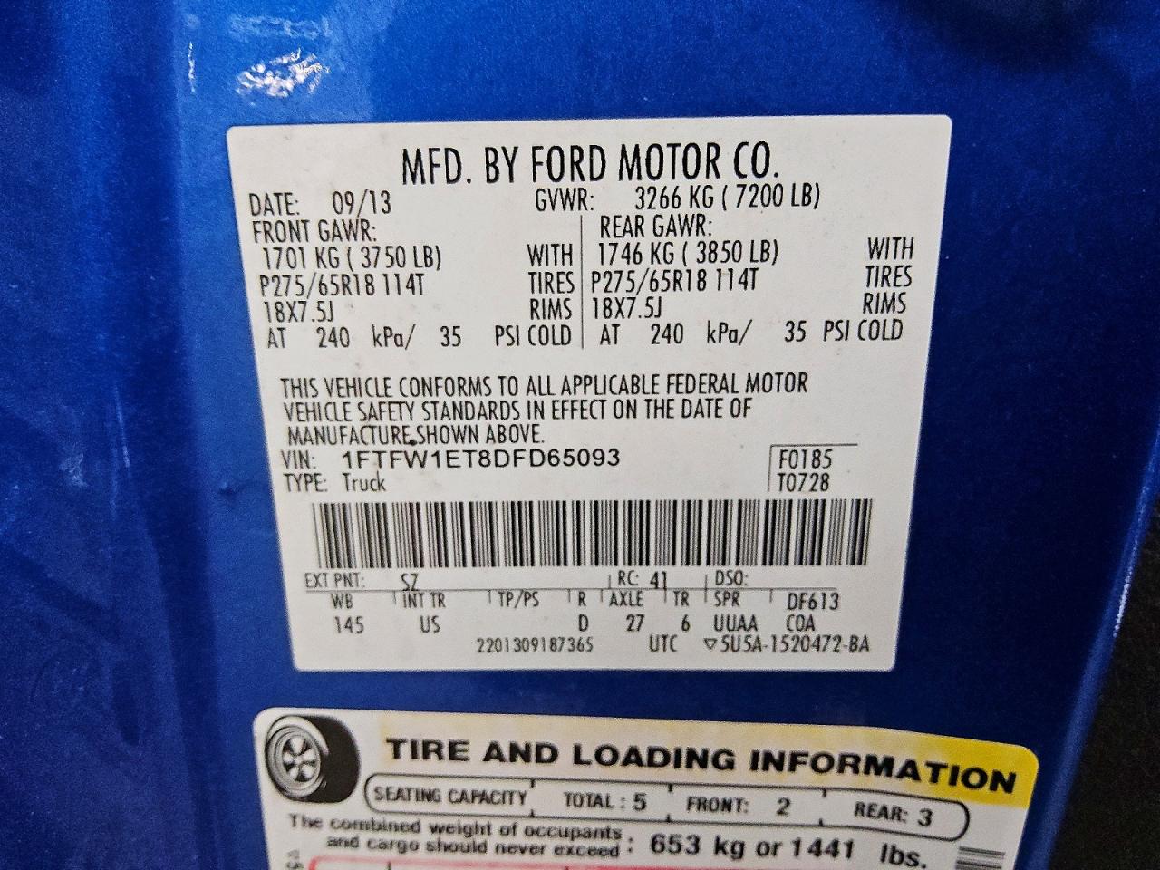 2013 Ford F150 Supercrew Blue vin: 1FTFW1ET8DFD65093