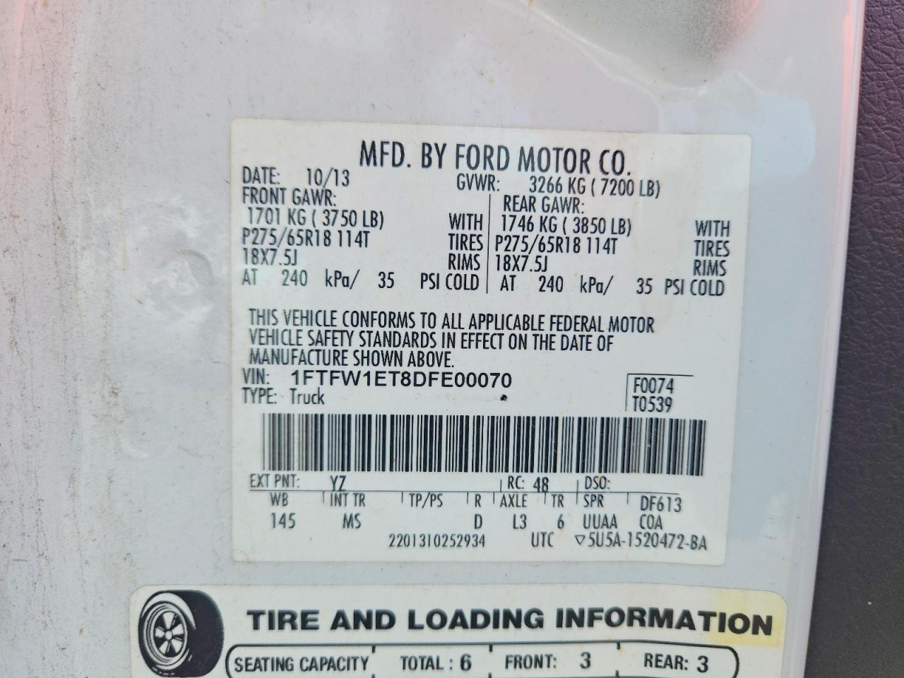 2013 Ford F150 Supercrew White vin: 1FTFW1ET8DFE00070