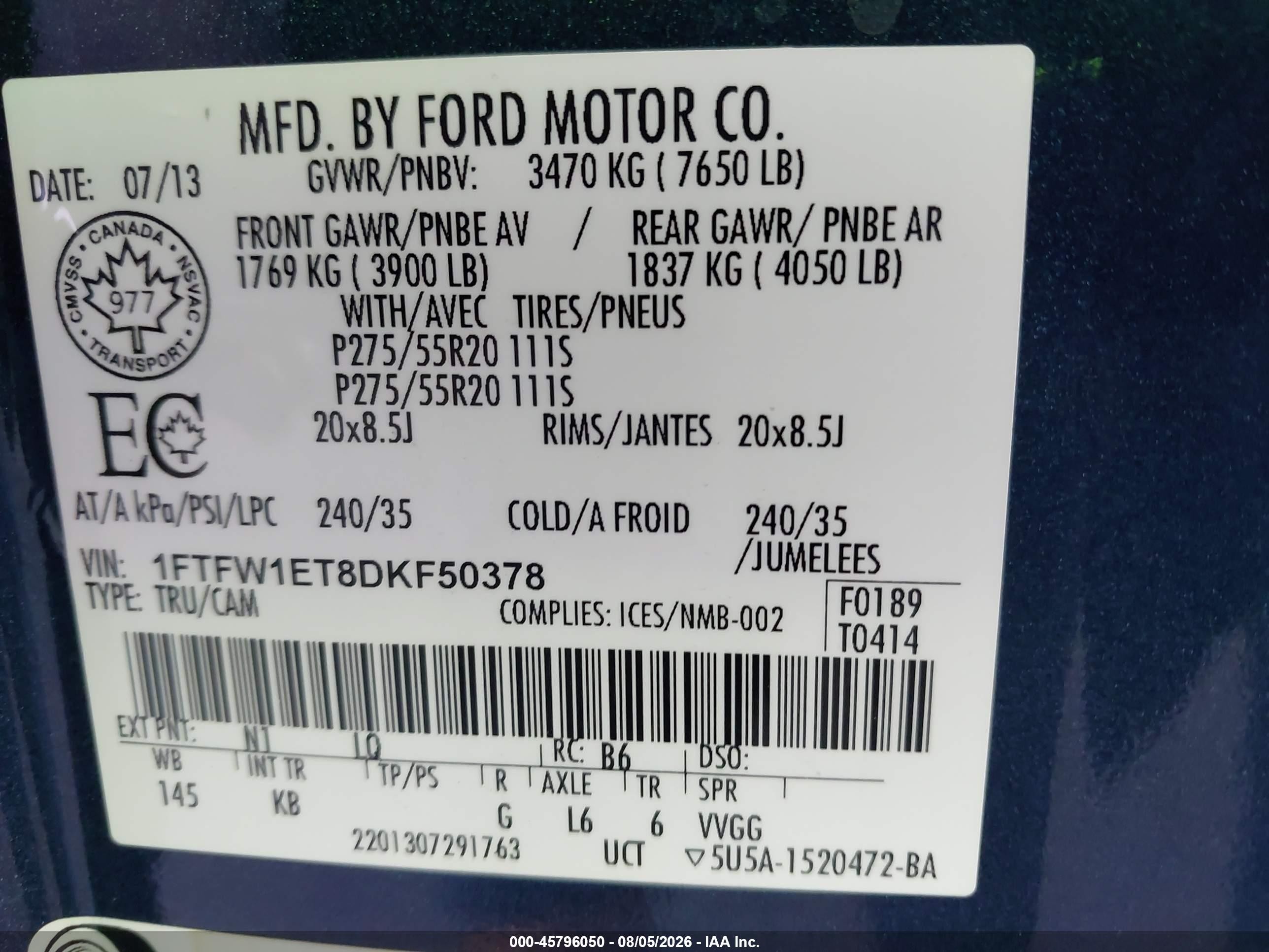 2013 Ford F-150 King Ranch Blue vin: 1FTFW1ET8DKF50378