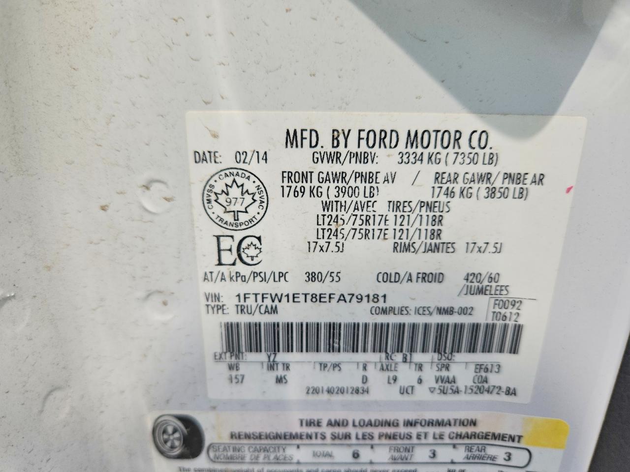 2014 Ford F150 Supercrew White vin: 1FTFW1ET8EFA79181
