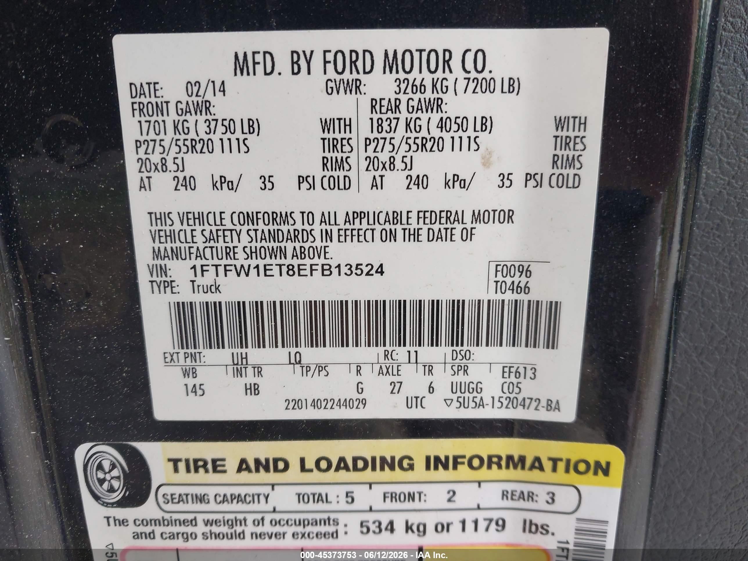 2014 Ford F-150 Lariat Black vin: 1FTFW1ET8EFB13524