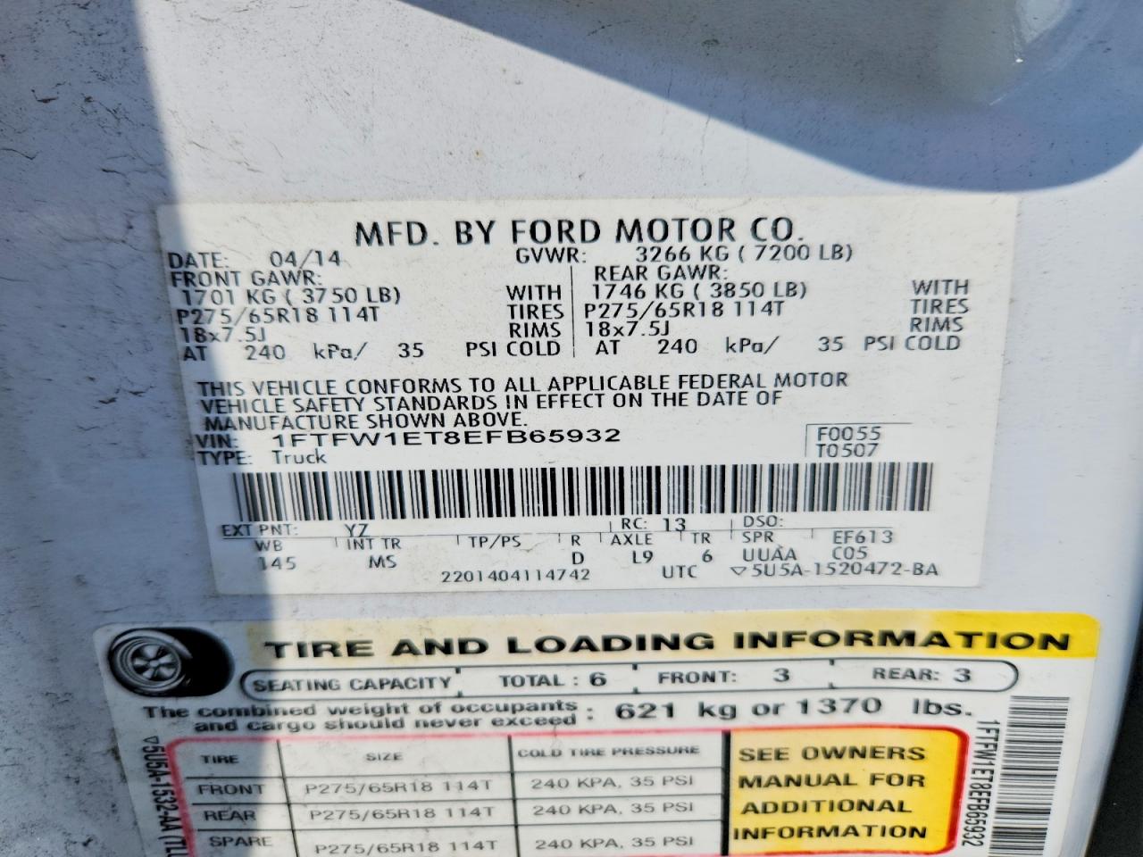 2014 Ford F150 Supercrew White vin: 1FTFW1ET8EFB65932