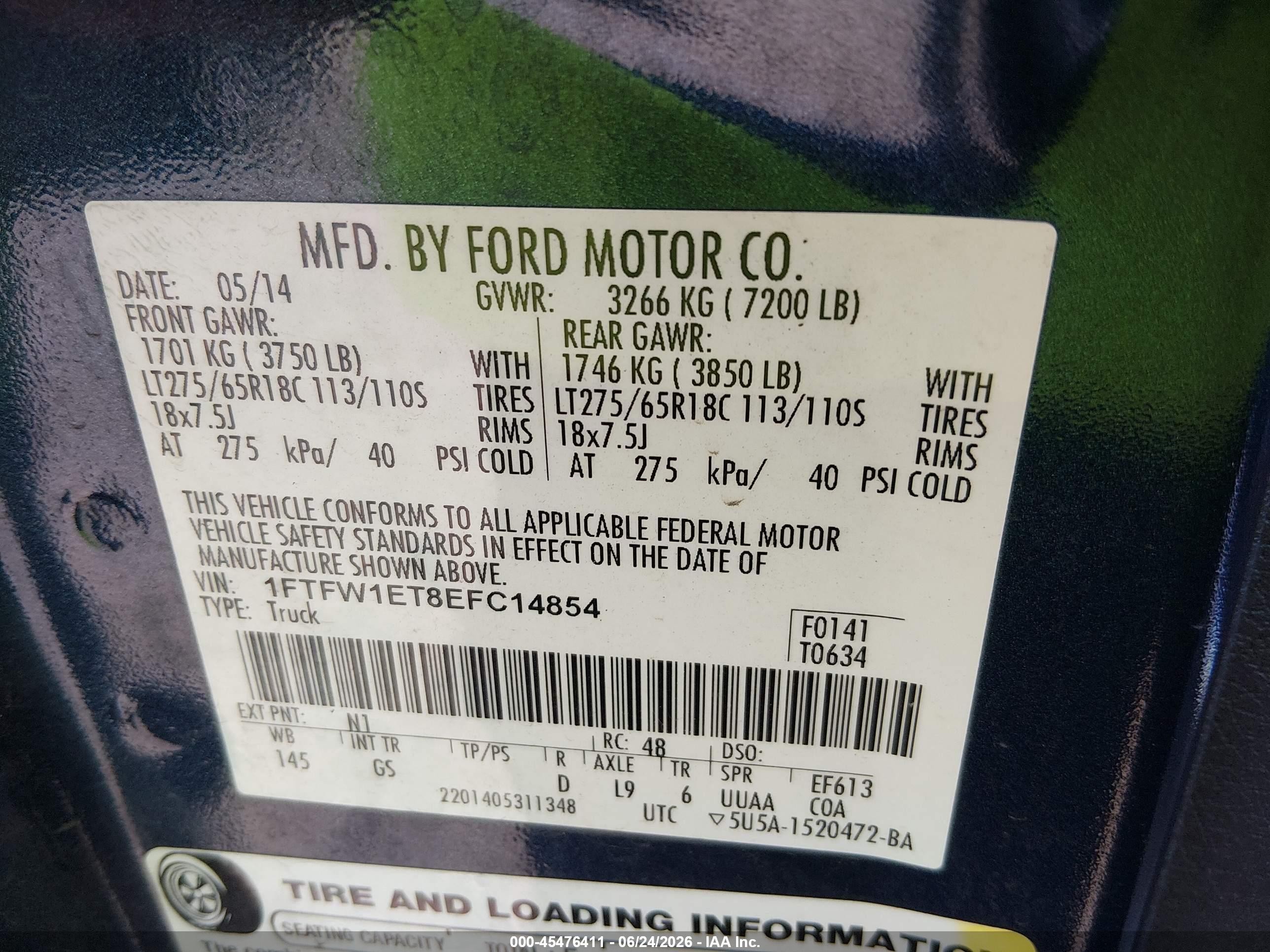2014 Ford F-150 Fx4/king Ranch/lariat/limited/platinum/xl/xlt Blue vin: 1FTFW1ET8EFC14854