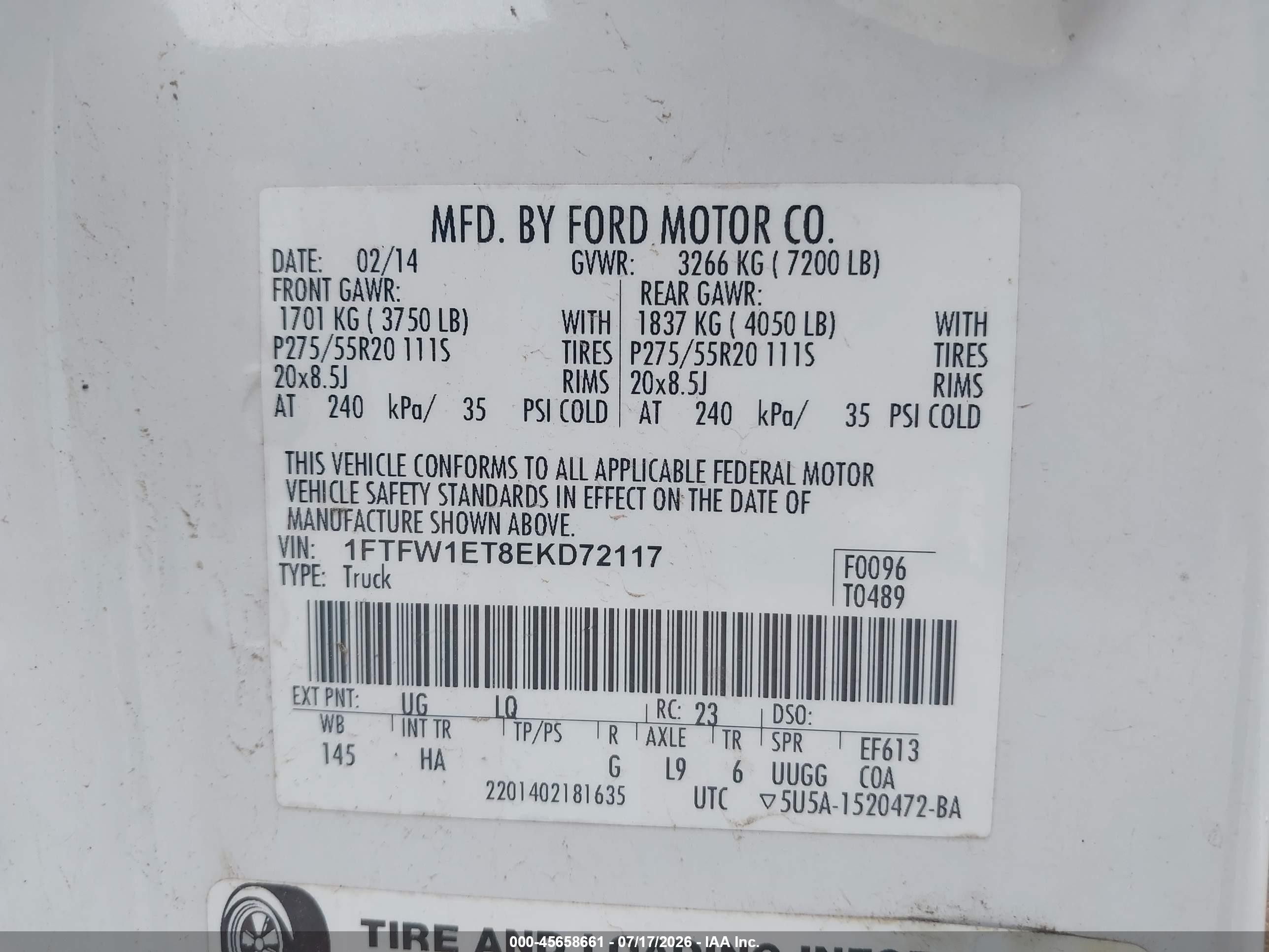 2014 Ford F-150 Lariat White vin: 1FTFW1ET8EKD72117