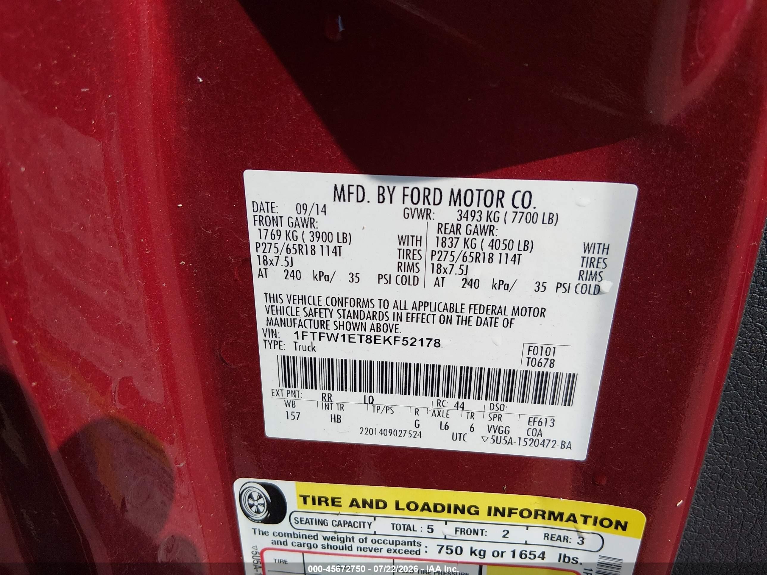 2014 Ford F-150 Lariat Red vin: 1FTFW1ET8EKF52178