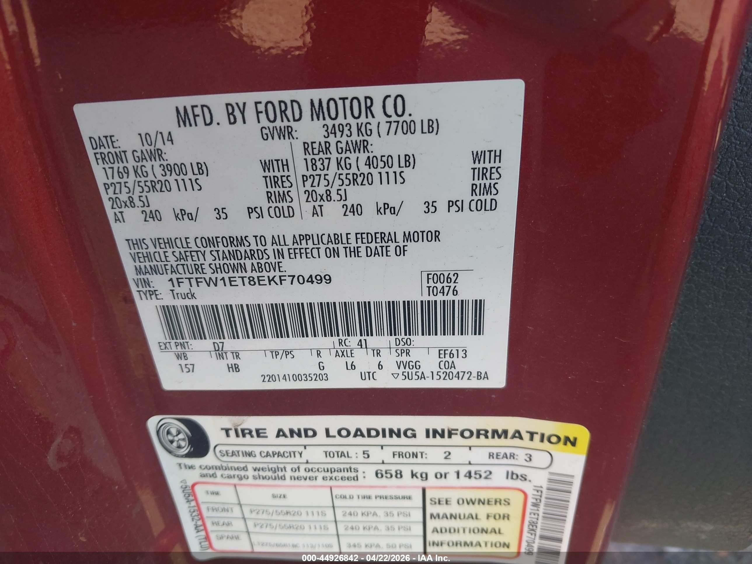 2014 Ford F-150 Lariat Red vin: 1FTFW1ET8EKF70499