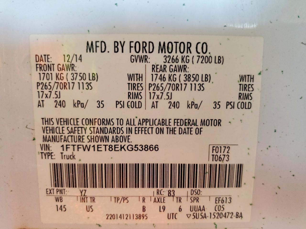 2014 Ford F150 Supercrew Белый vin: 1FTFW1ET8EKG53866