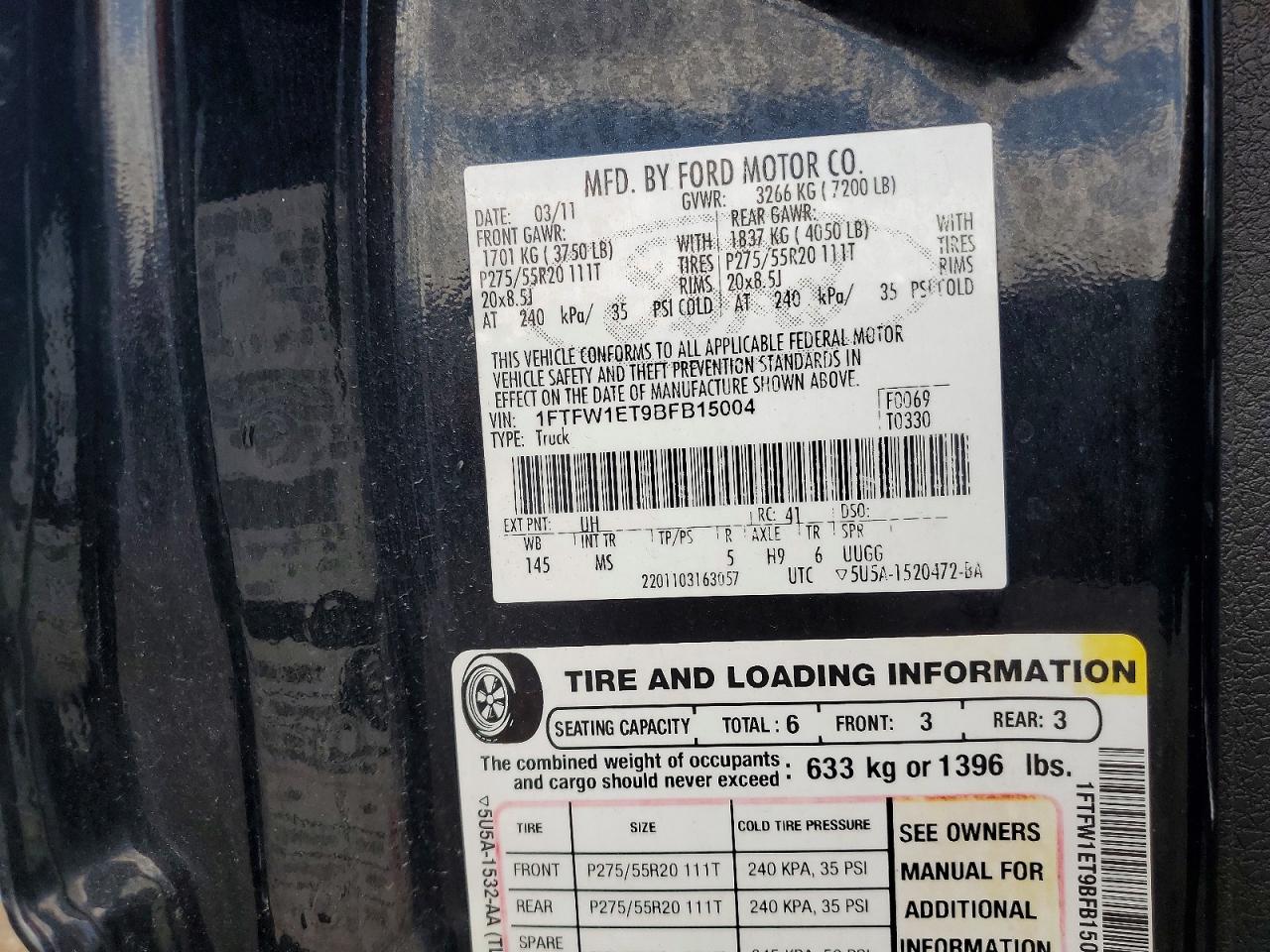 2011 Ford F150 Black vin: 1FTFW1ET9BFB15004