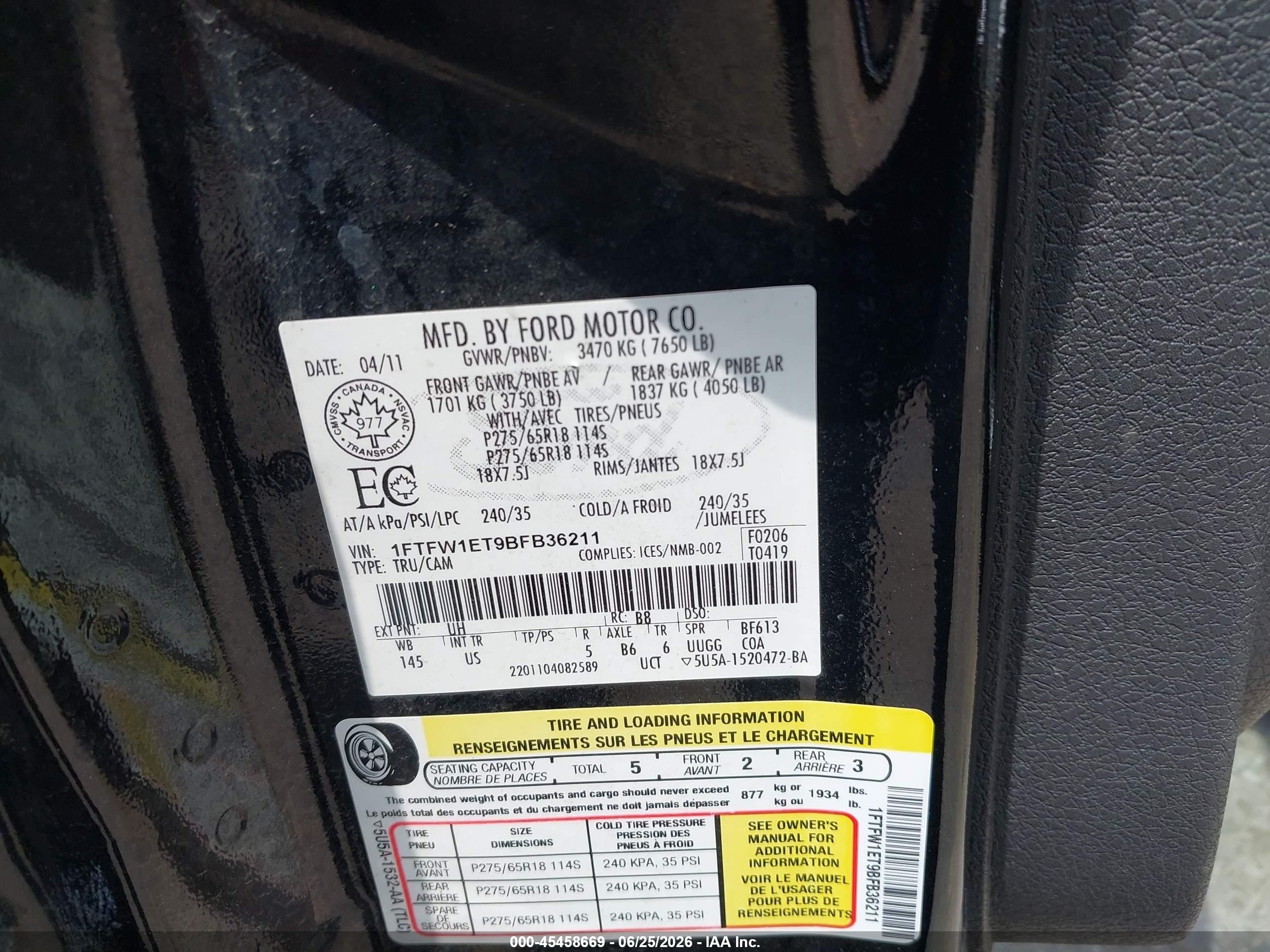 2011 Ford F-150 Fx4/king Ranch/lariat/platinum/xlt Black vin: 1FTFW1ET9BFB36211