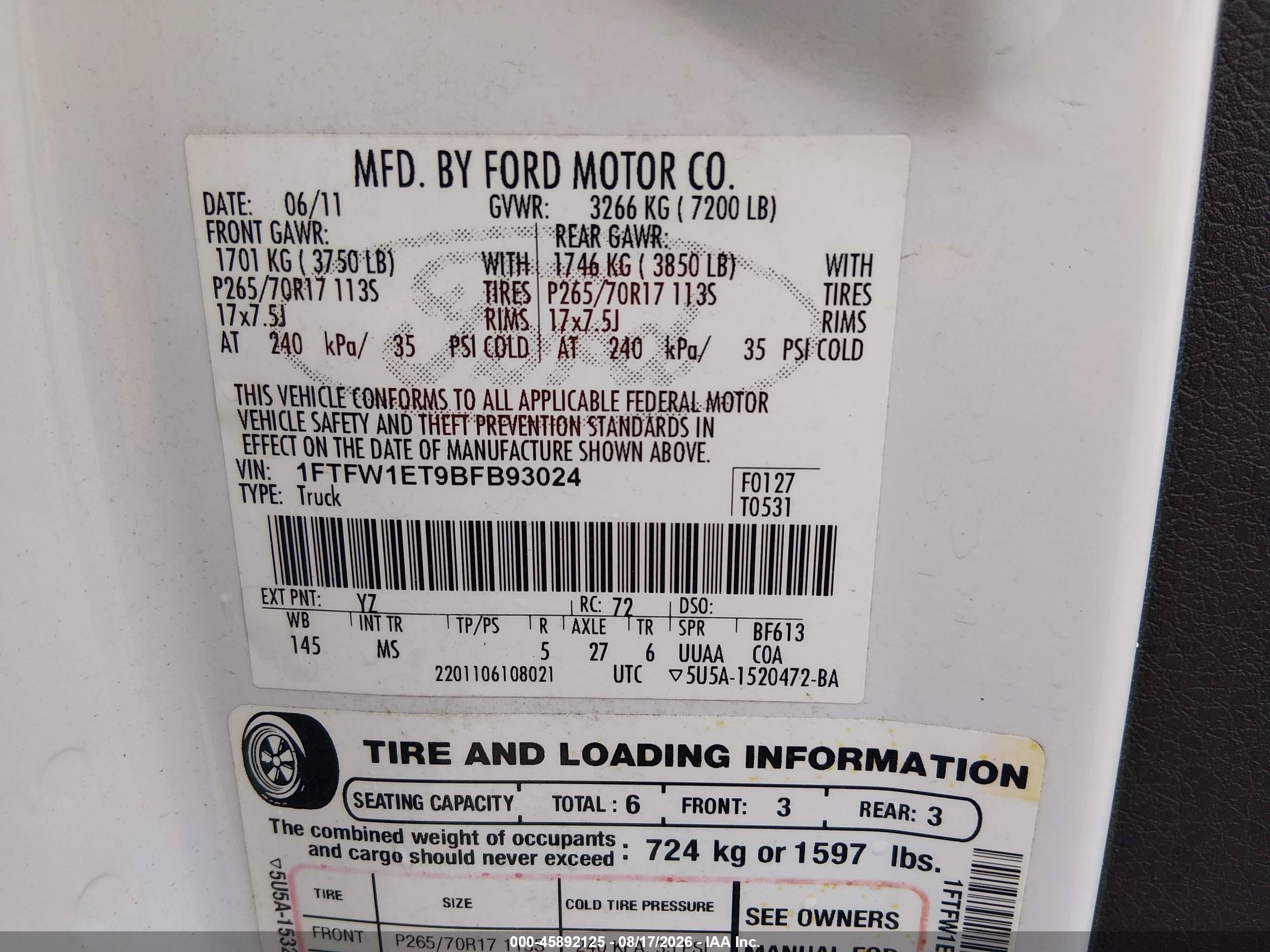 2011 Ford F-150 Xlt White vin: 1FTFW1ET9BFB93024