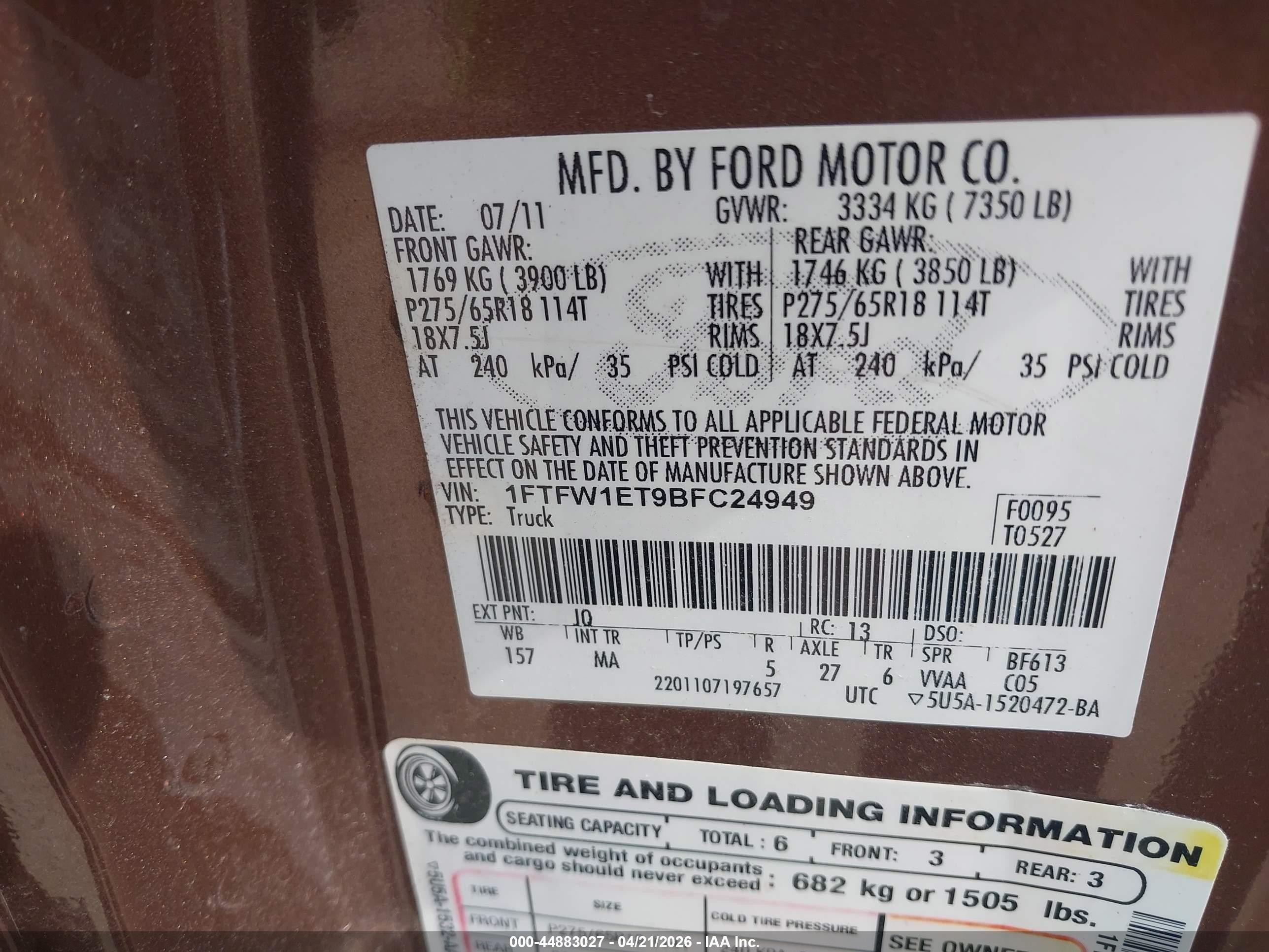 2011 Ford F-150 Xlt Brown vin: 1FTFW1ET9BFC24949