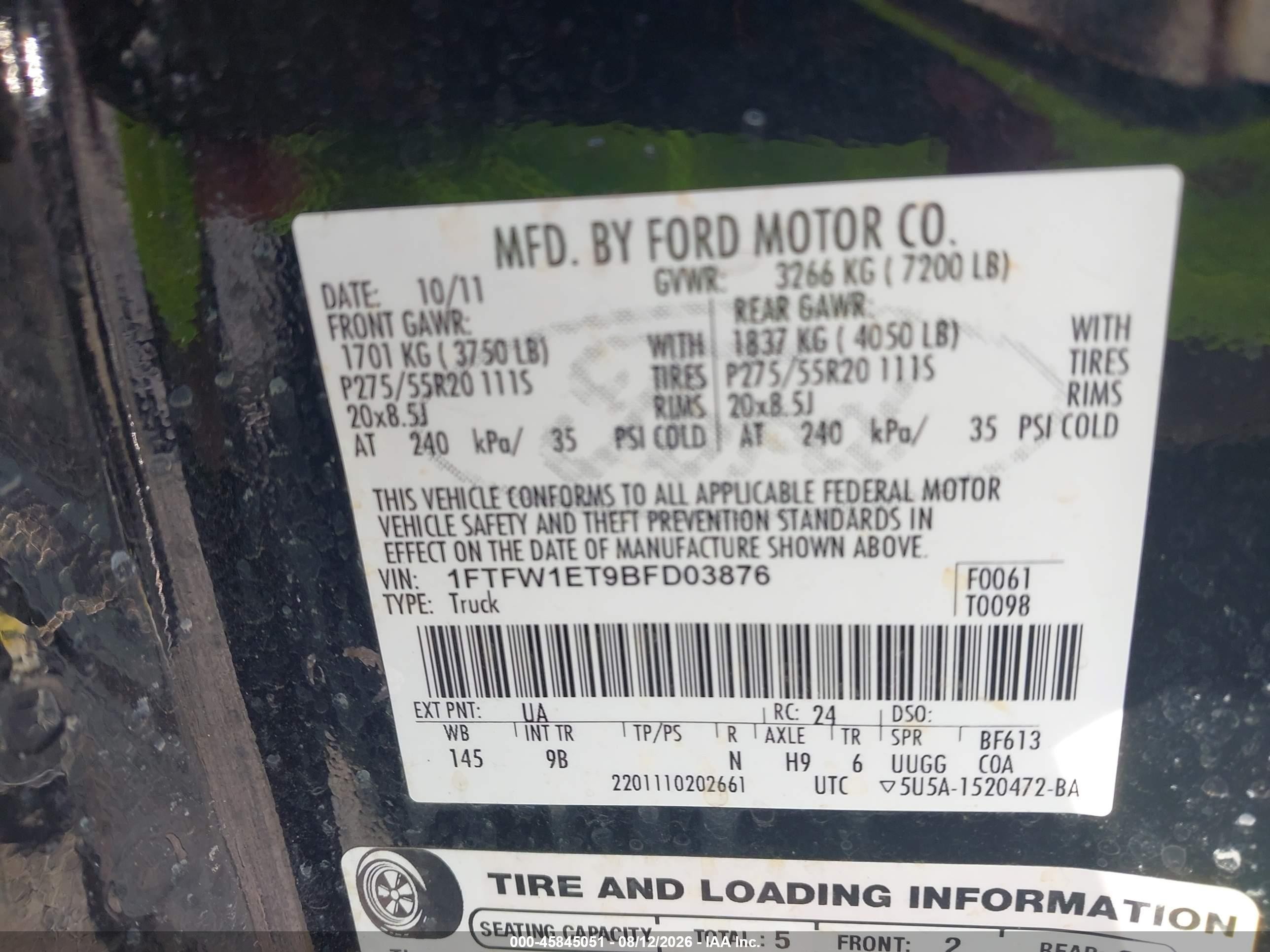 2011 Ford F-150 Platinum Black vin: 1FTFW1ET9BFD03876