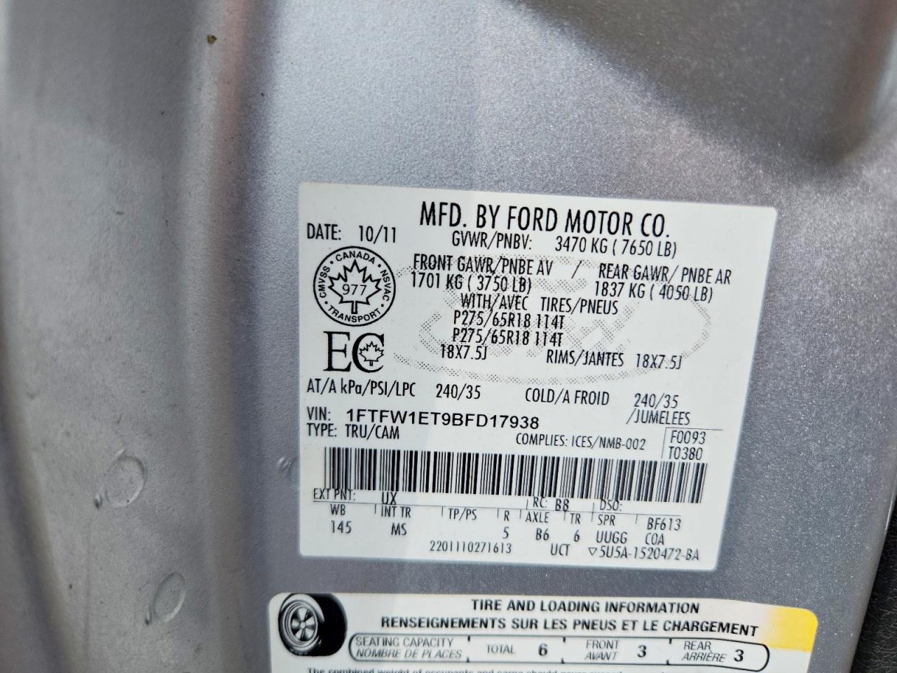 2011 Ford F150 Supercrew Silver vin: 1FTFW1ET9BFD17938