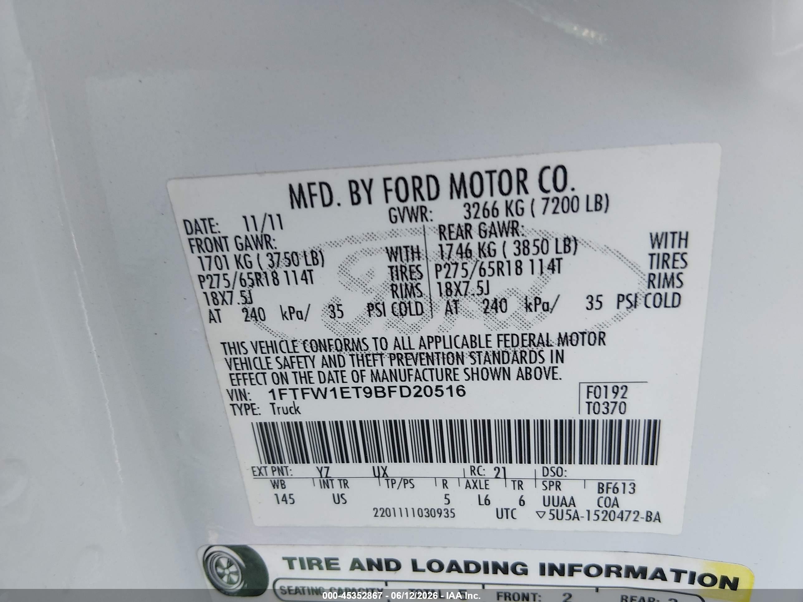 2011 Ford F-150 Xlt Белый vin: 1FTFW1ET9BFD20516