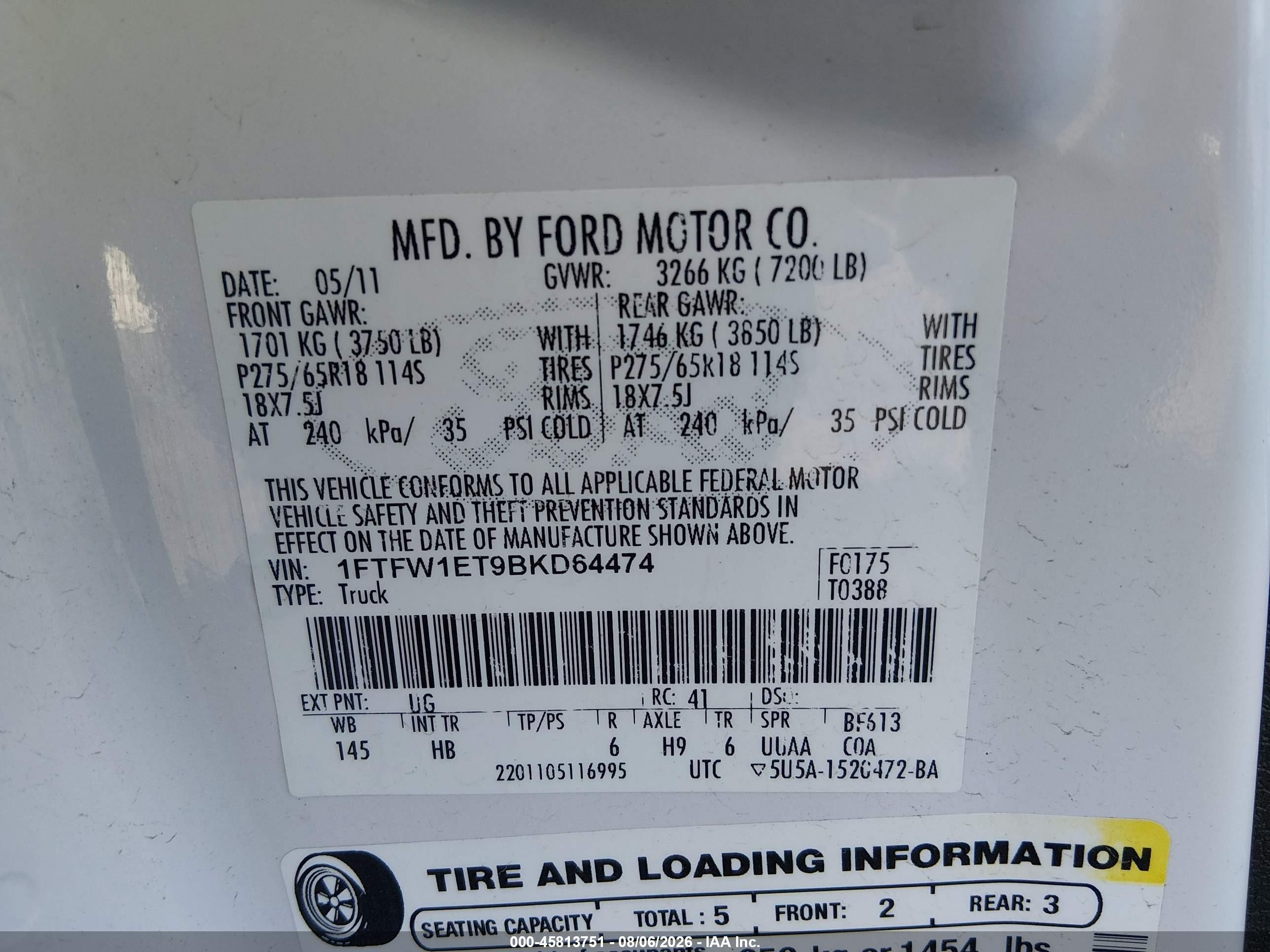 2011 Ford F-150 Lariat Белый vin: 1FTFW1ET9BKD64474