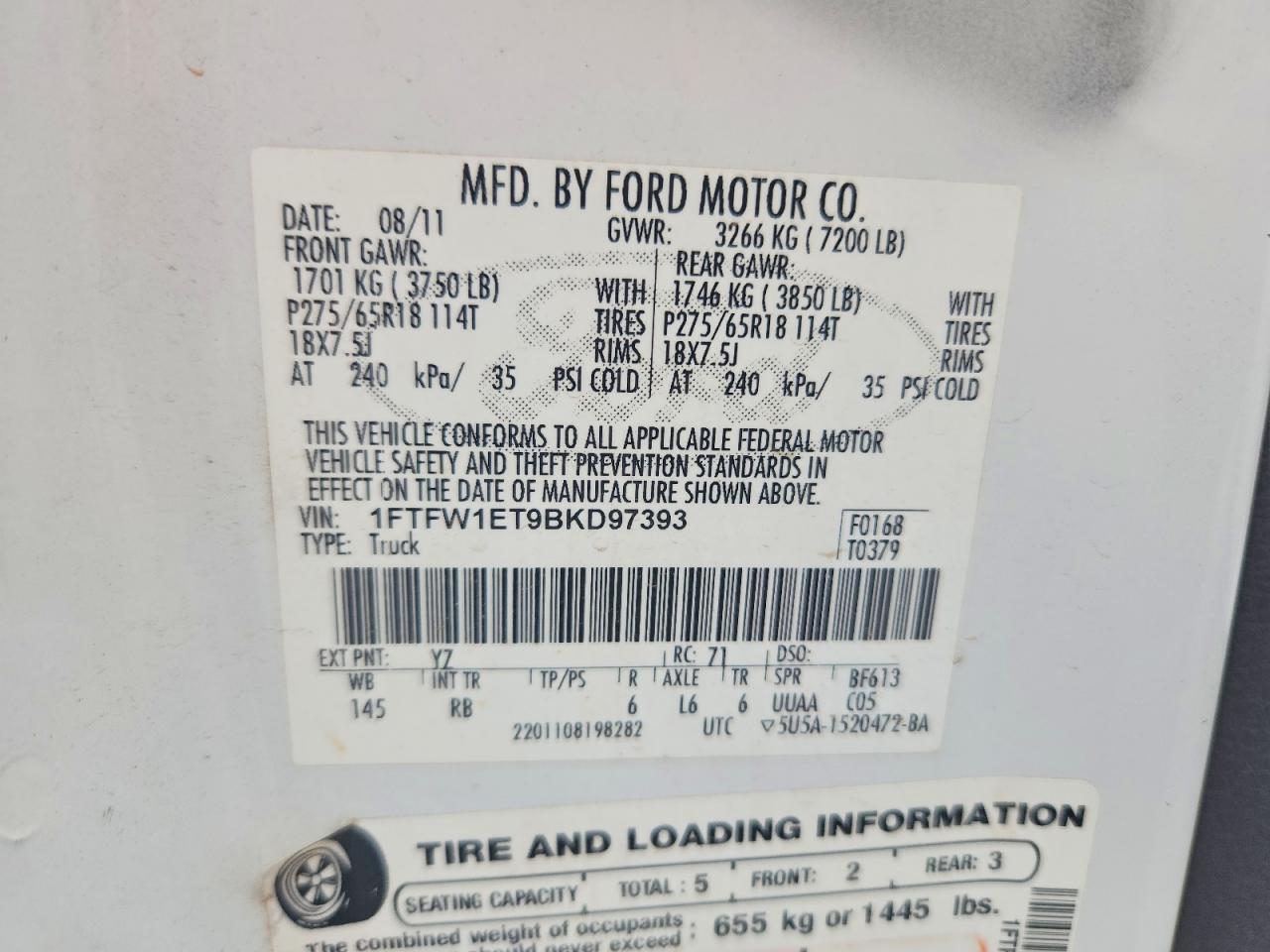 2011 Ford F150 Supercrew White vin: 1FTFW1ET9BKD97393