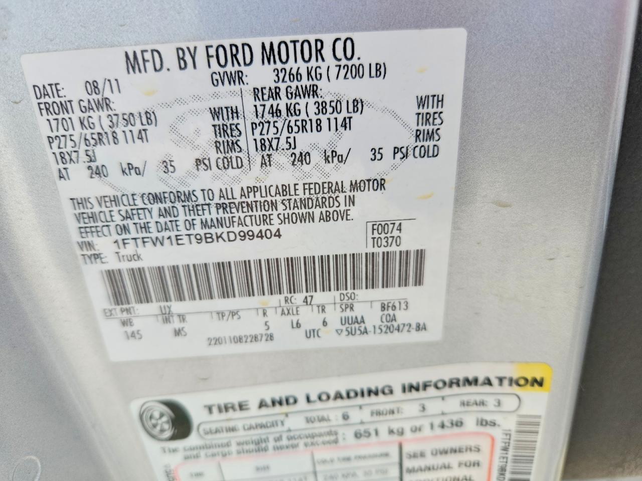 2011 Ford F150 Supercrew Silver vin: 1FTFW1ET9BKD99404
