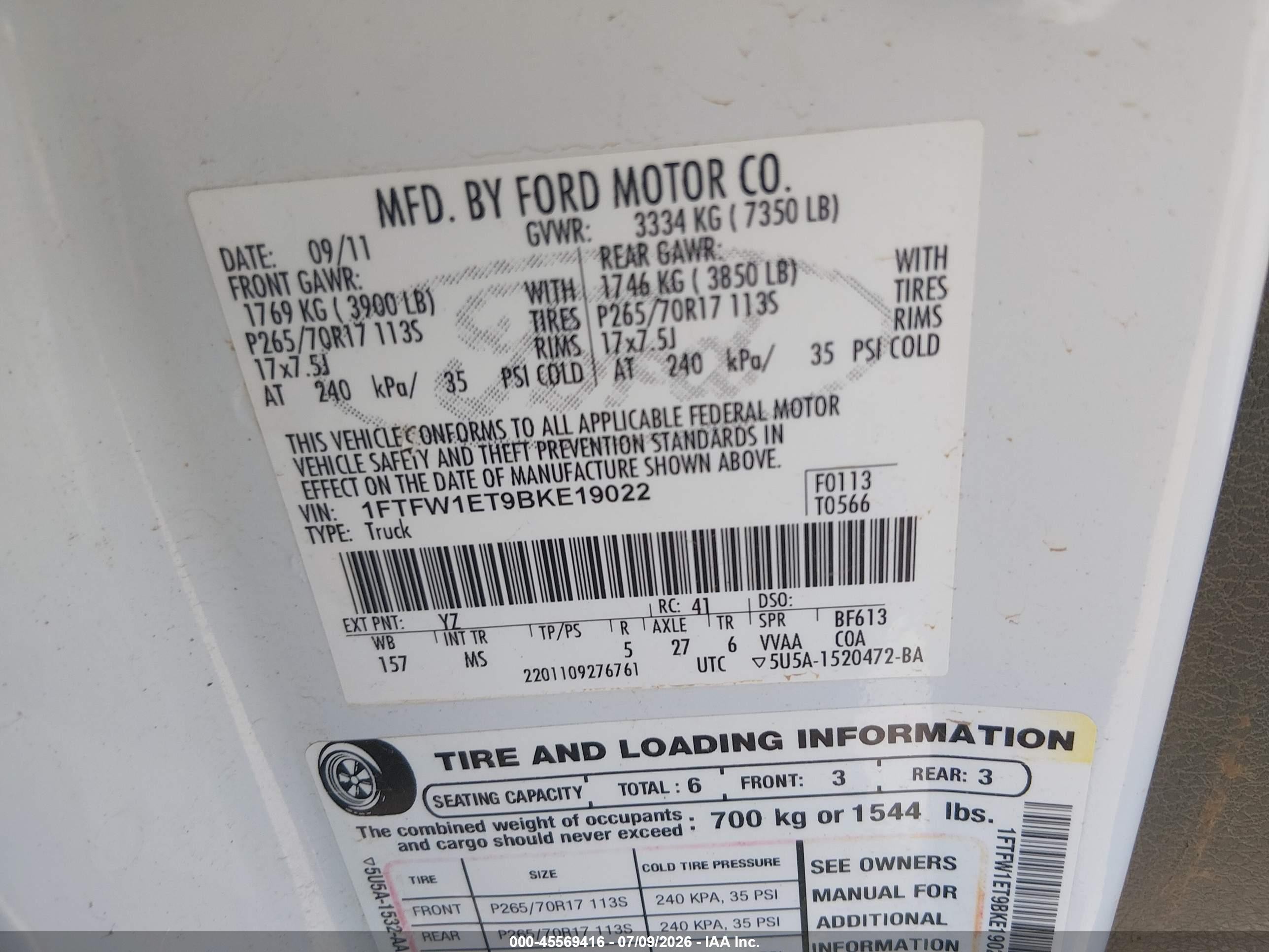 2011 Ford F-150 Fx4/king Ranch/lariat/platinum/xlt White vin: 1FTFW1ET9BKE19022